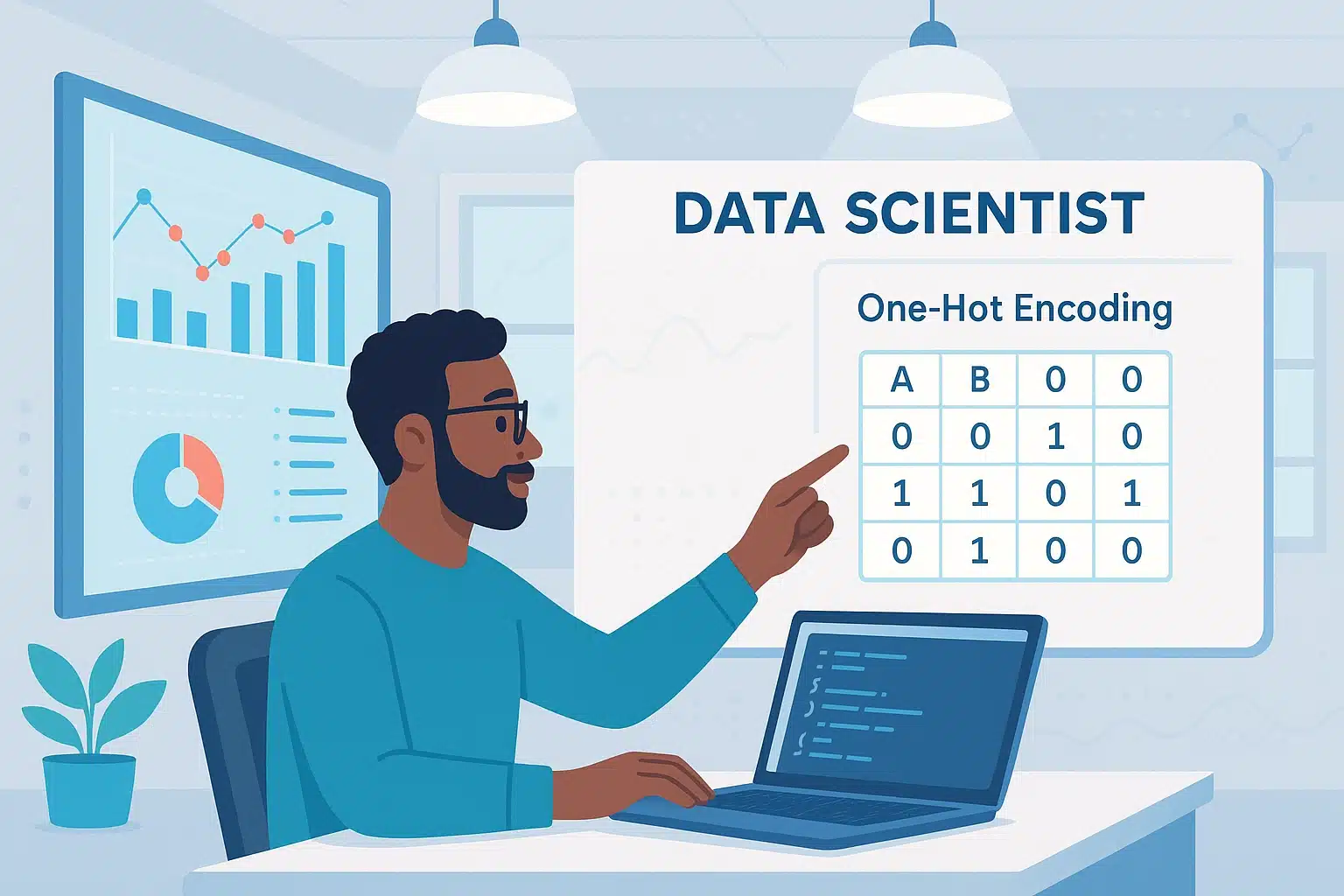 Un data scientist expliquant le One-Hot Encoding à l'aide d'un tableau sur un écran, avec des graphiques de données en arrière-plan.