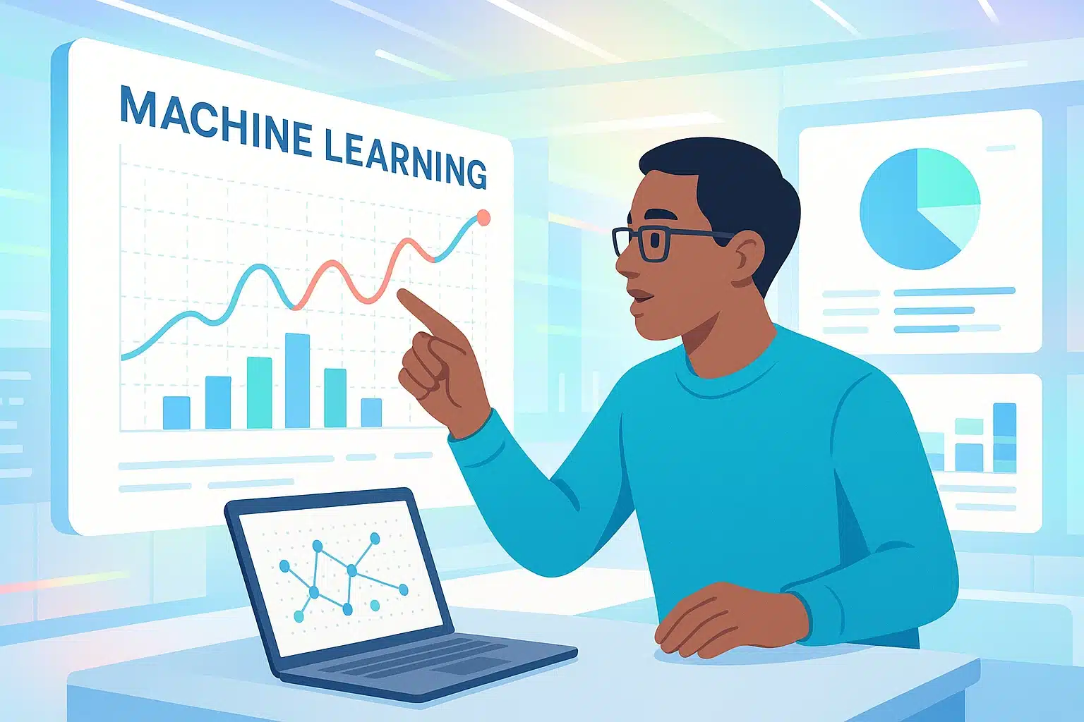 Illustration d'une personne expliquant le concept de machine learning avec des graphiques, mettant en avant l'intérêt de la technique de one hot encoding.