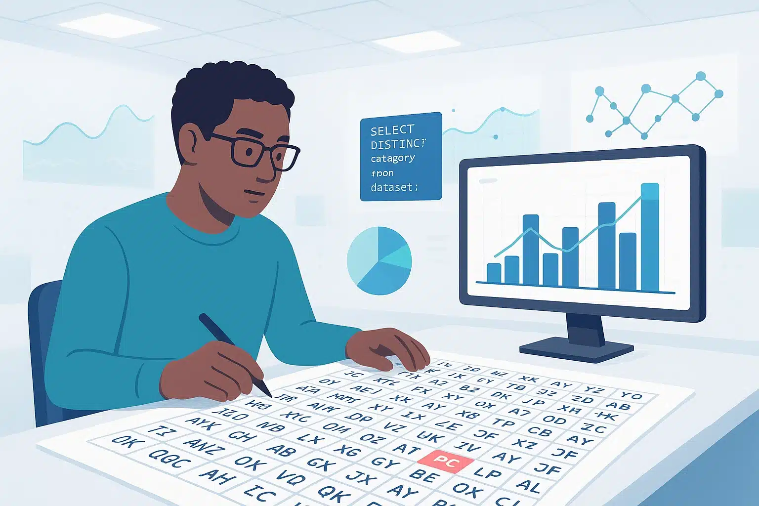 Un analyste de données utilisant une table avec des catégories pour illustrer le processus de one hot encoding.