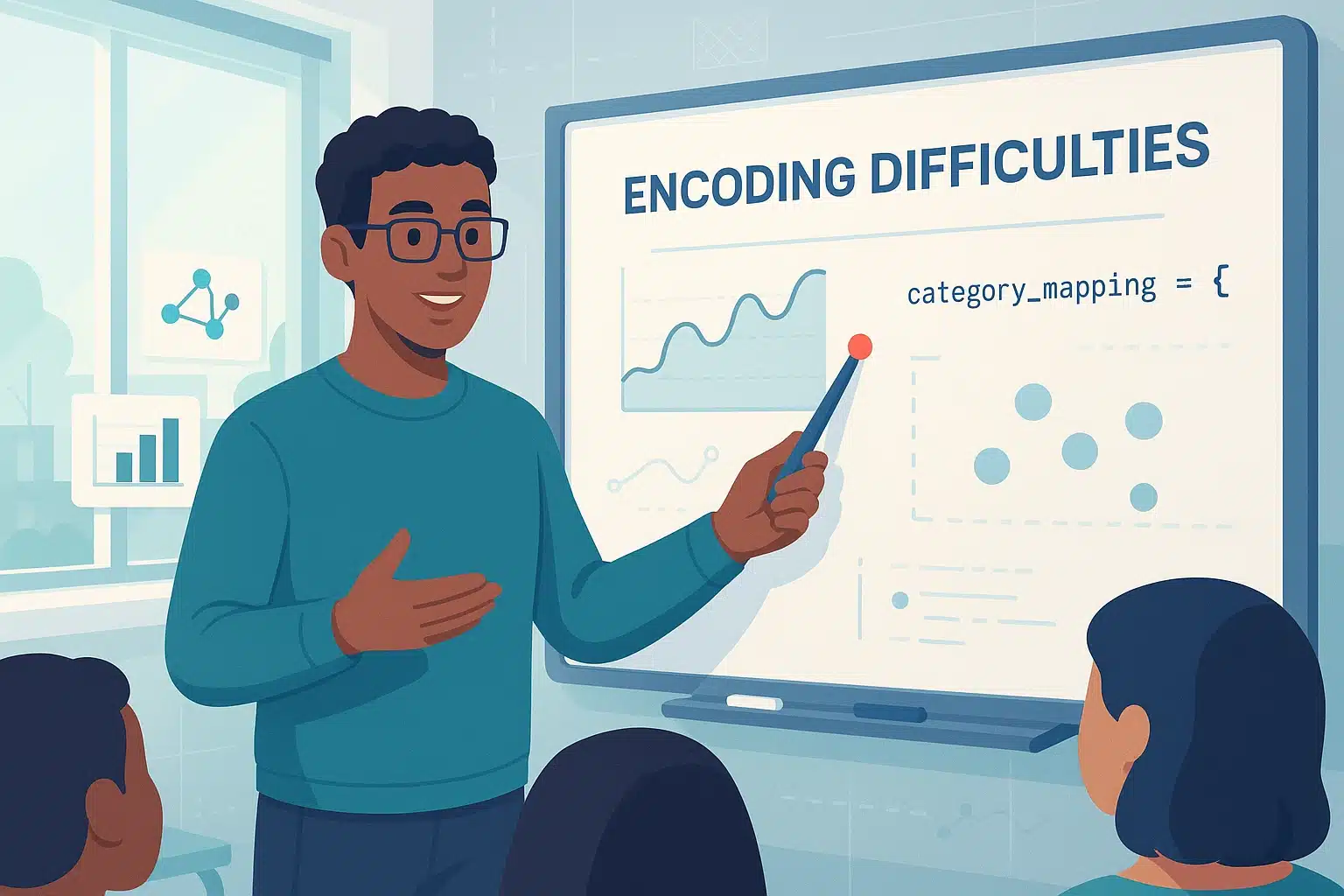 Un formateur expliquant le concept de one hot encoding avec un graphique sur un tableau, dans une salle de cours.