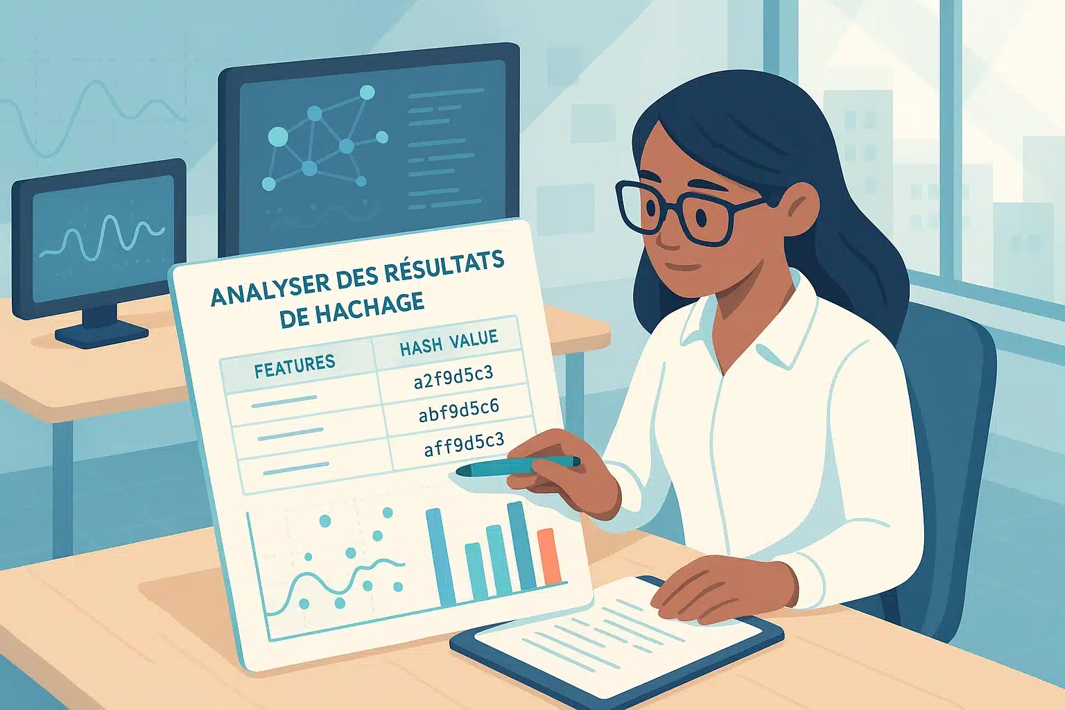 Personne analysant les résultats de hachage avec des graphiques illustrant l'utilisation de la technique de one hot encoding dans une interface de données.