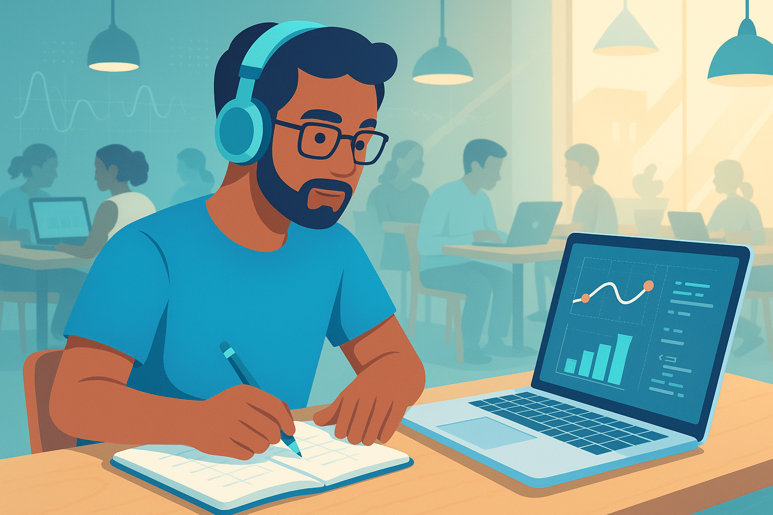 Étudiant en formation temps partiel prenant des notes tout en consultant des graphiques sur son ordinateur portable.