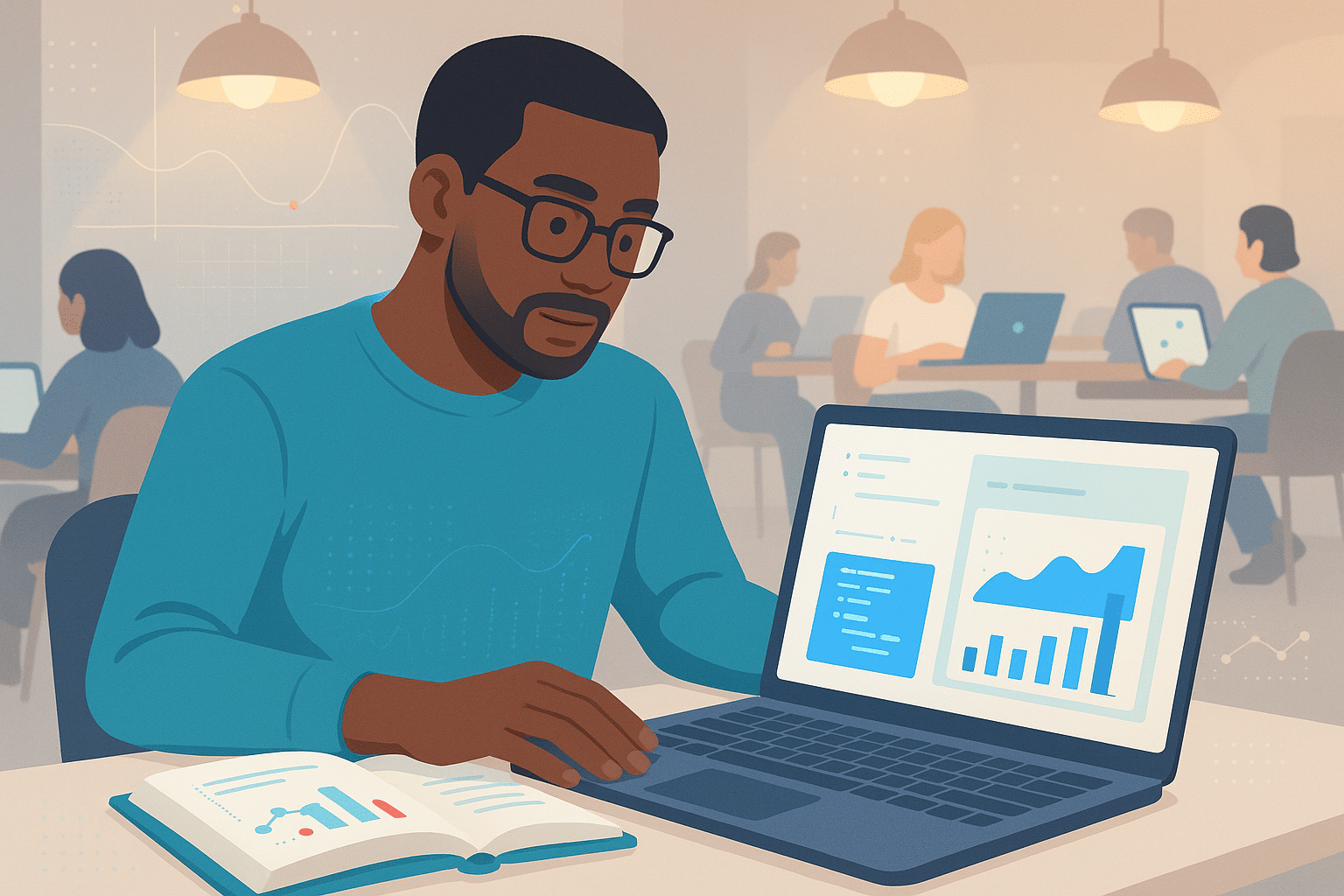 Un étudiant suivant une formation à temps partiel, utilisant un ordinateur portable pour étudier des graphiques et des données, avec des camarades en arrière-plan.