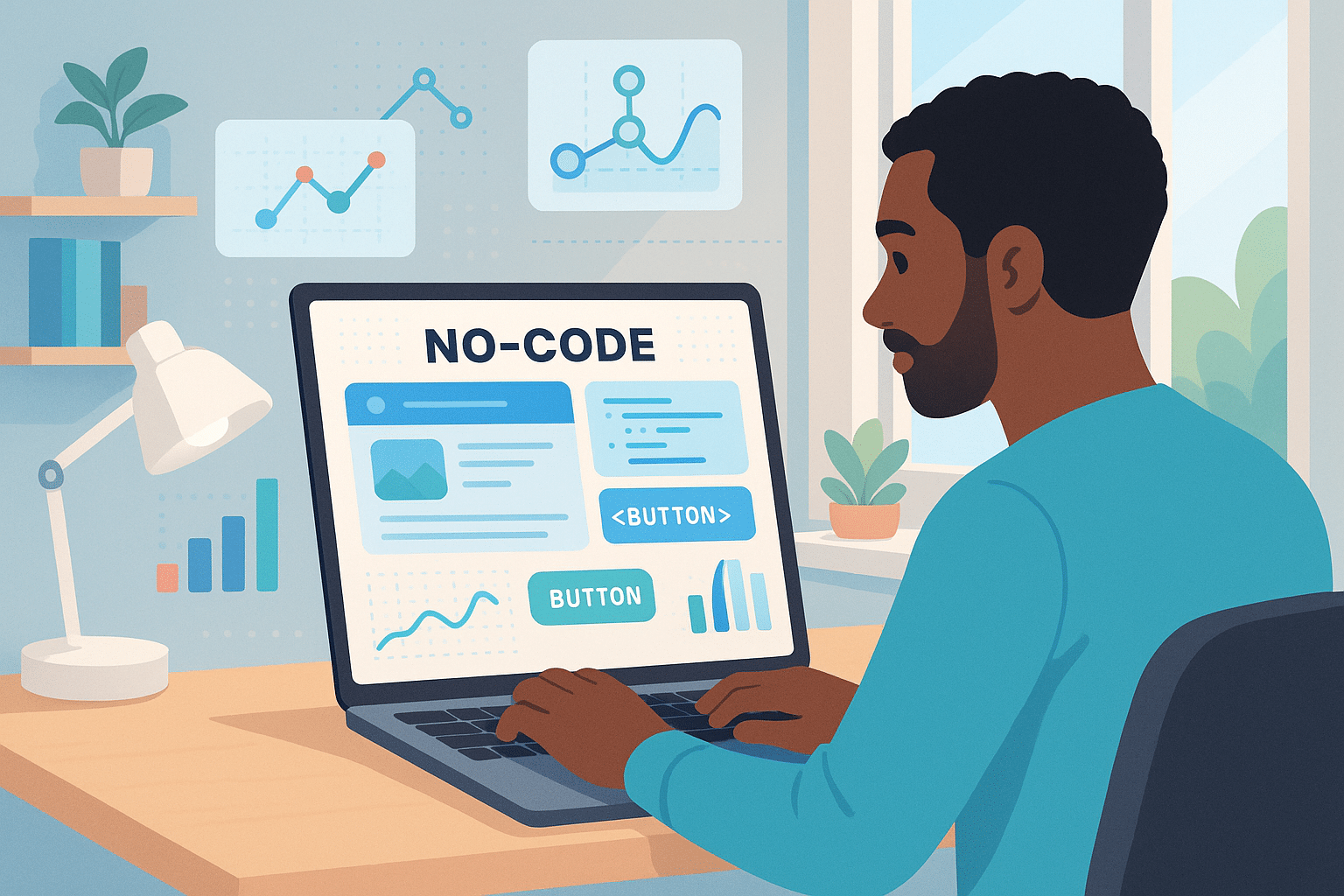 Un homme travaillant sur un ordinateur portable, affichant une interface utilisateur no-code avec des graphiques et des boutons.