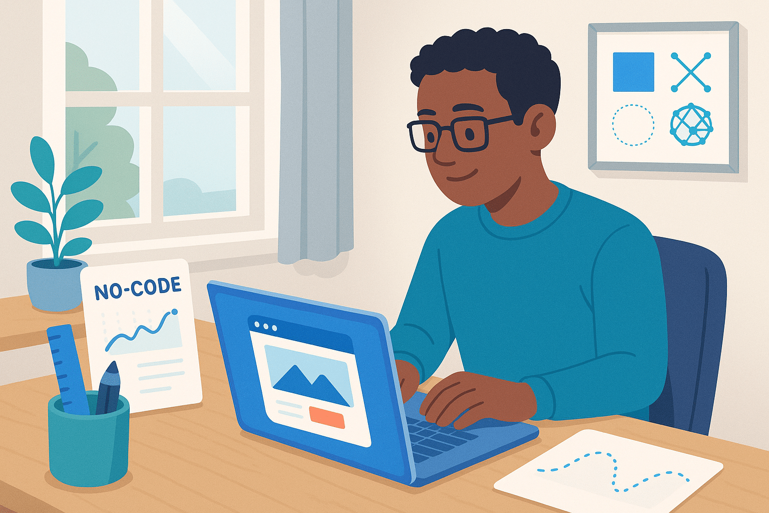 Infographie représentant une interface d'application de design sans code sur un ordinateur, montrant des graphiques et des éléments interactifs.