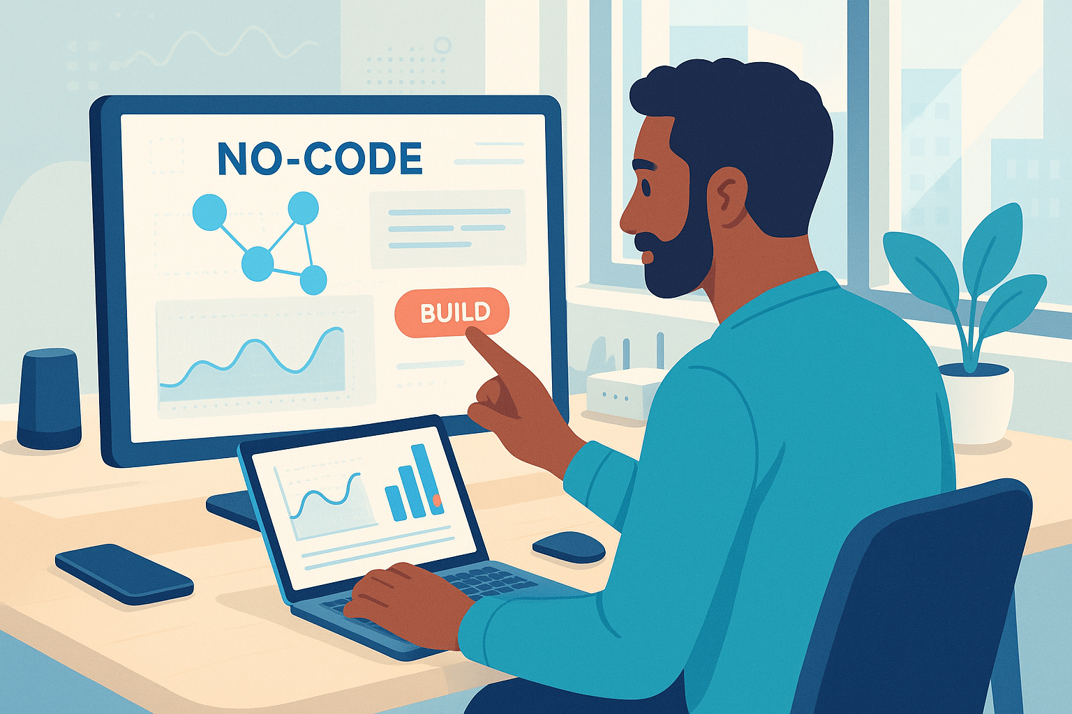 Un utilisateur travaillant sur des applications sans codage, cliquant sur le bouton 'BUILD'.