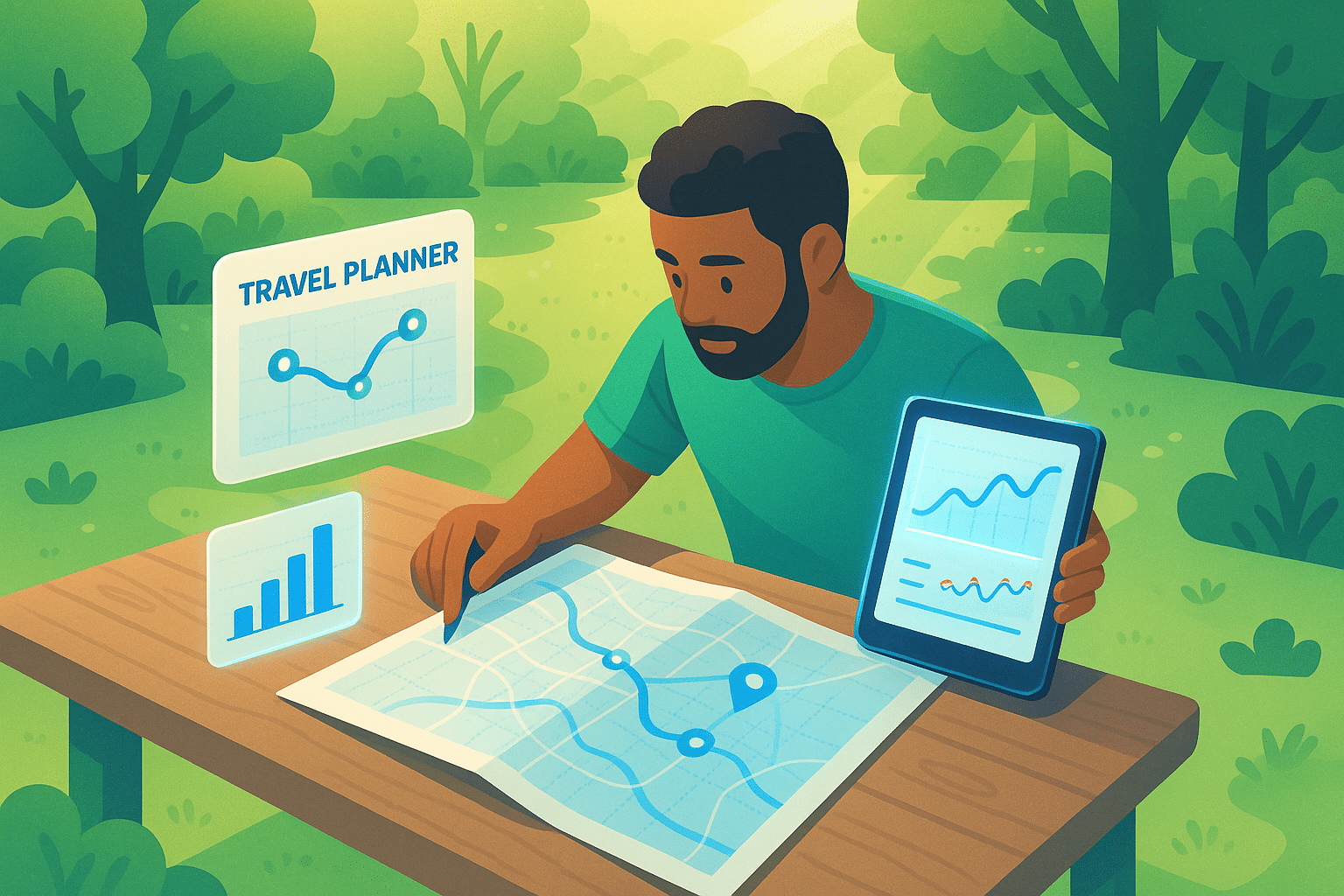 Homme analysant une carte tout en utilisant un outil numérique pour optimiser un itinéraire, illustrant l'utilisation d'un algorithme d'optimisation génétique pour la résolution d'un problème.