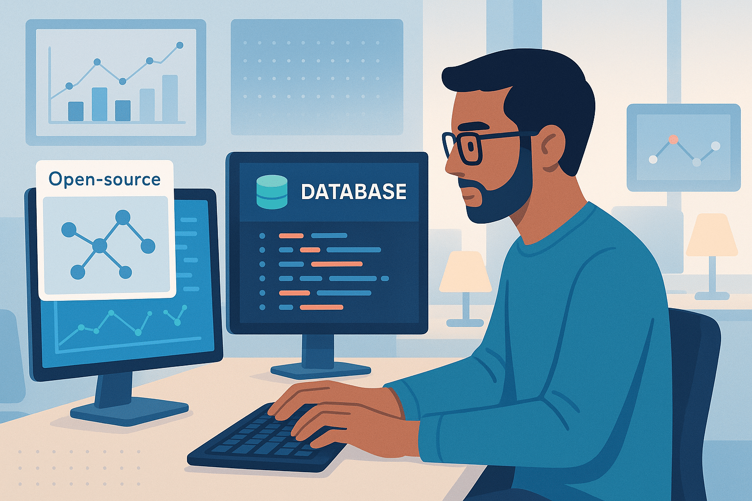 Illustration d'une personne travaillant sur une base de données open source, avec des graphiques sur les écrans et des lignes de code affichées.