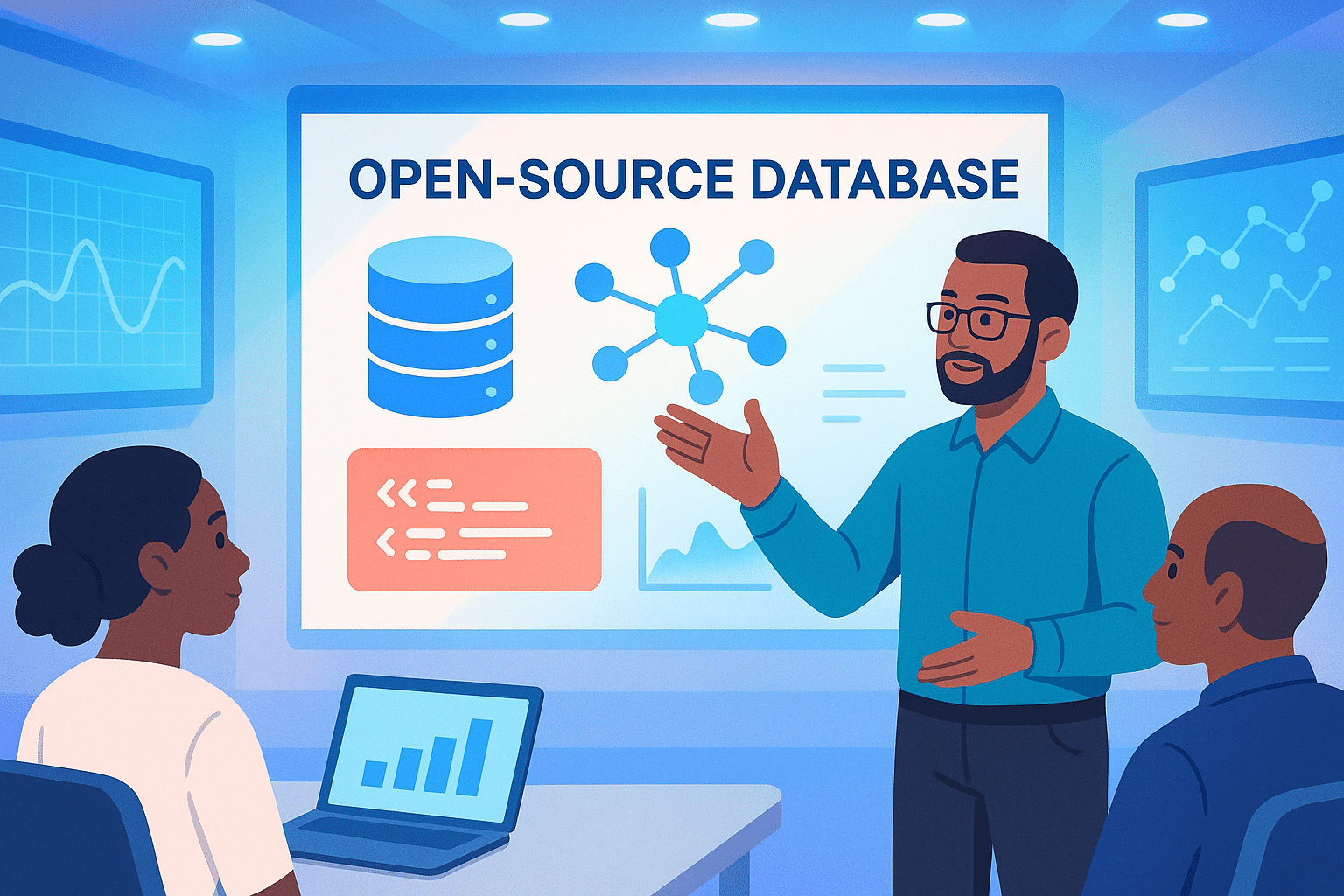 Conférence sur les bases de données open source avec un intervenant exposant des graphiques et des données sur un écran.