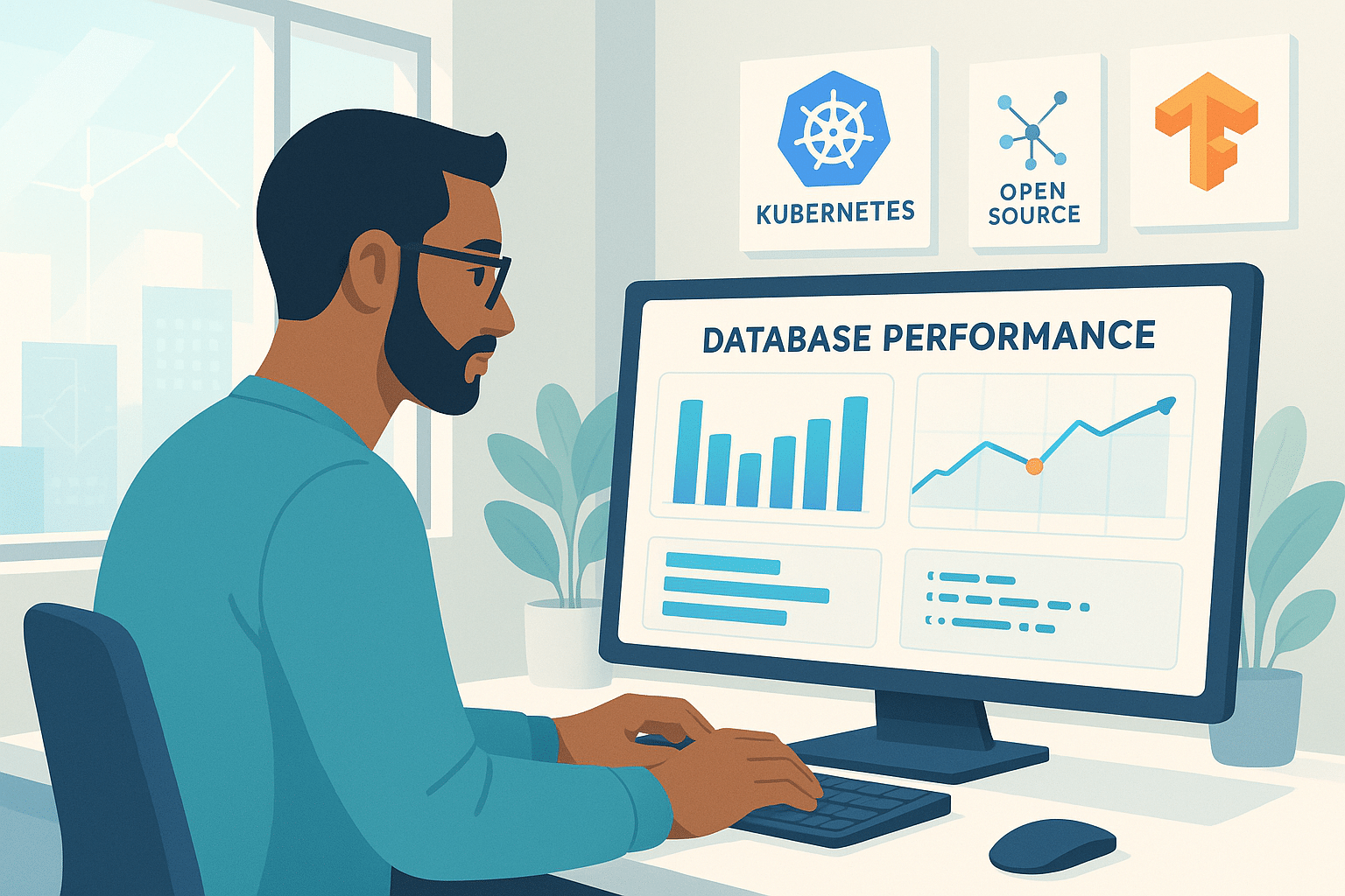 Professionnel analysant la performance d'une base de données open source sur un écran d'ordinateur avec des graphiques.