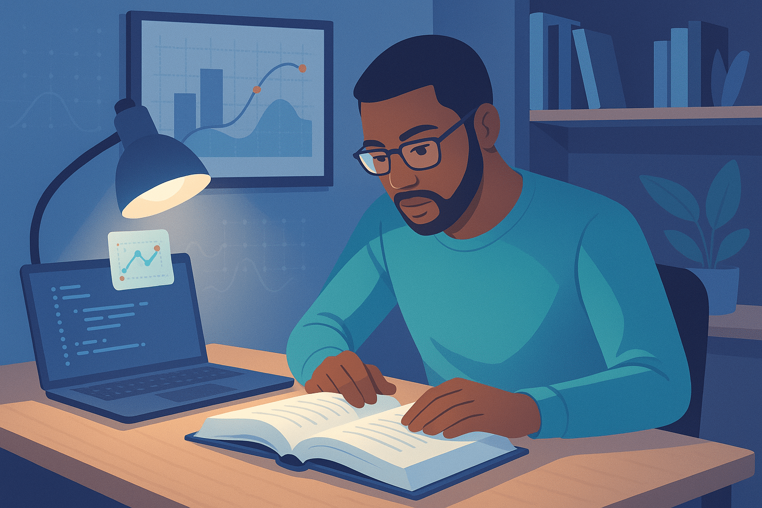 Personne étudiant un livre sous une lampe, avec un ordinateur portable affichant des graphiques, illustrant la formation à temps partiel.