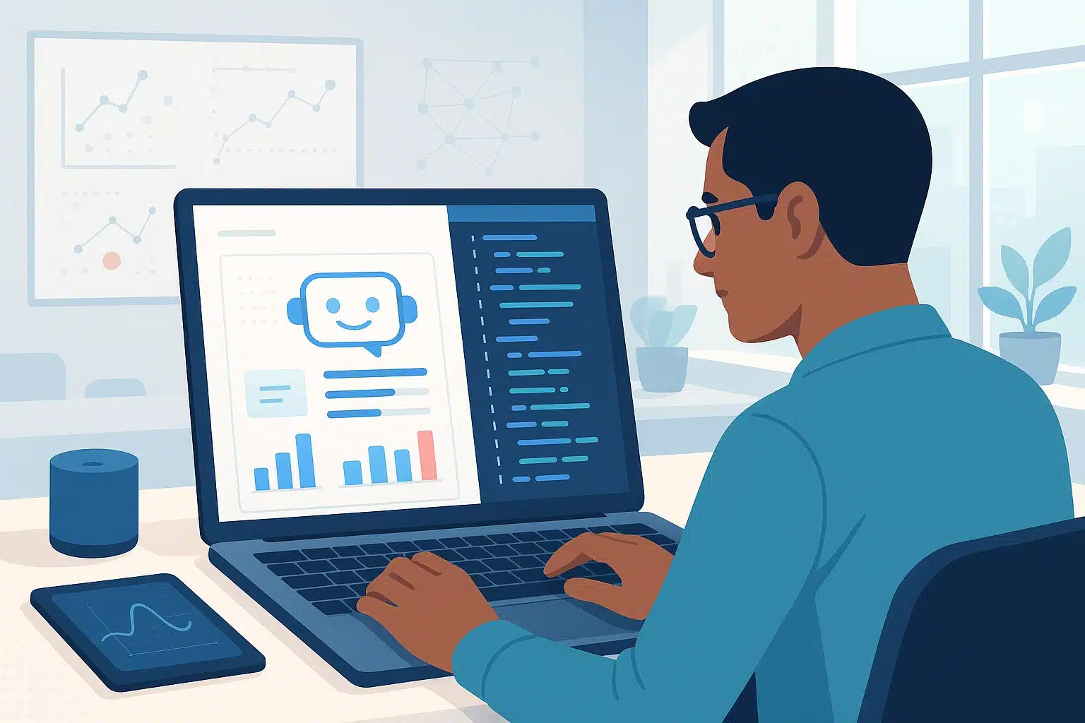Un développeur utilisant Rasa sur un ordinateur portable, analysant des données avec un graphique et un chatbot affiché à l'écran.