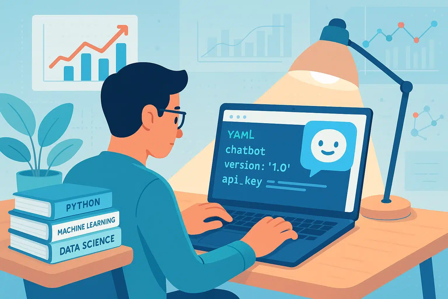 Personne utilisant un ordinateur portable pour configurer un chatbot avec Rasa, entouré de livres sur Python, apprentissage machine et science des données.