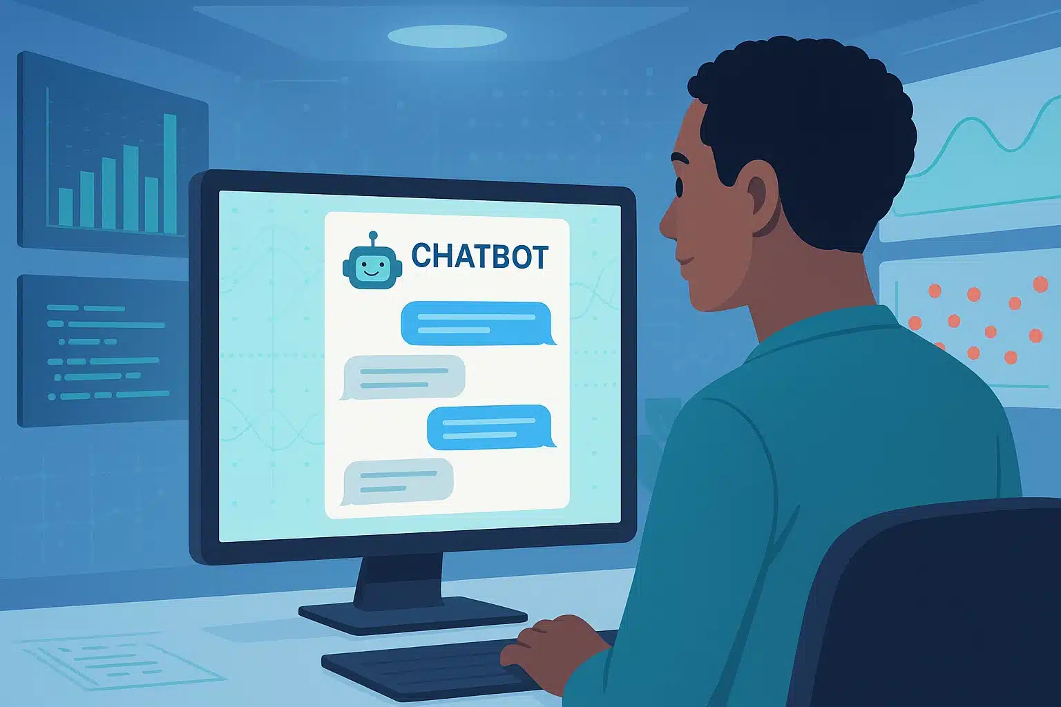 Illustration d'un support client Rasa avec une équipe discutant devant un écran affichant un assistant virtuel.