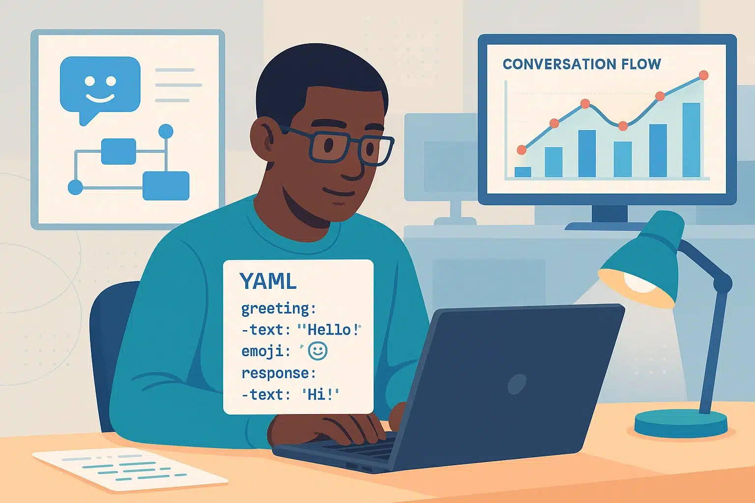 Développeur utilisant Rasa pour configurer un flux de conversation avec du code YAML sur son ordinateur.