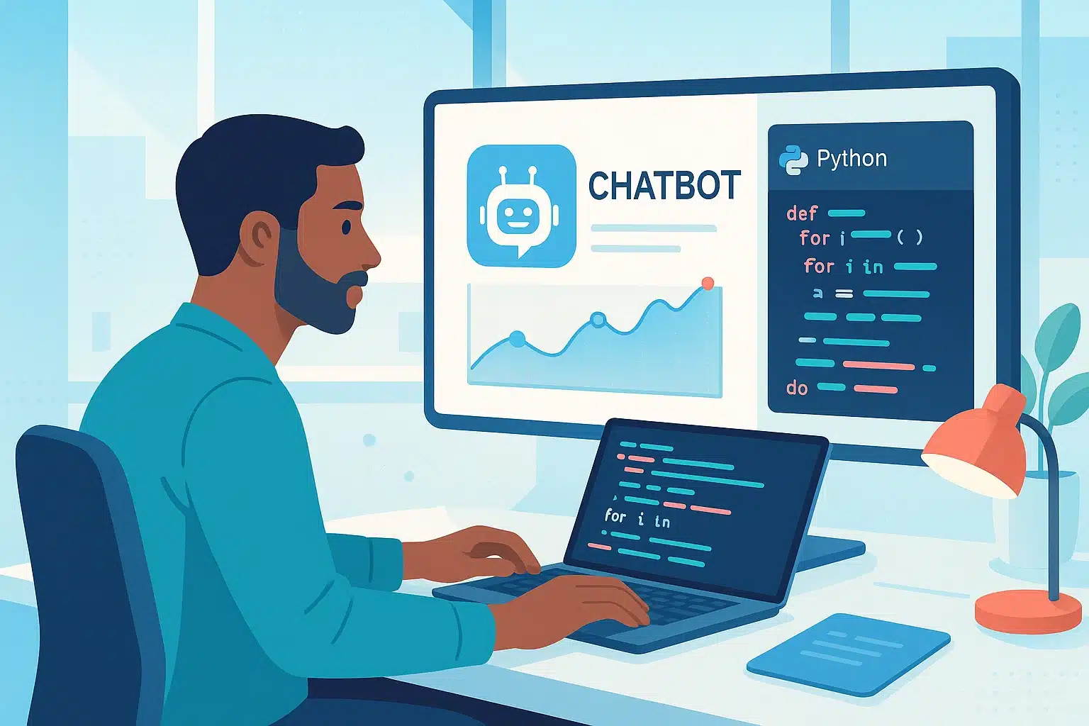 Un homme utilisant un ordinateur portable pour programmer un chatbot Rasa, avec des graphes d'analyse des performances affichés à l'écran.
