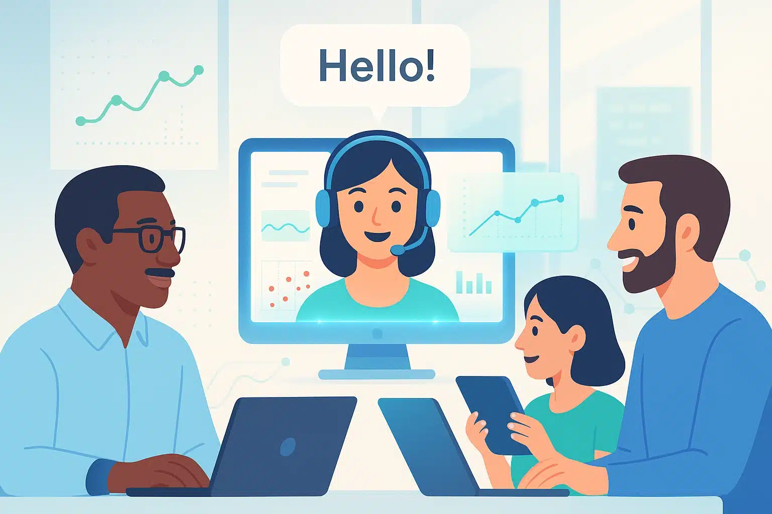 Personne utilisant un interface de chatbot Rasa sur un ordinateur avec des graphiques de données en arrière-plan.