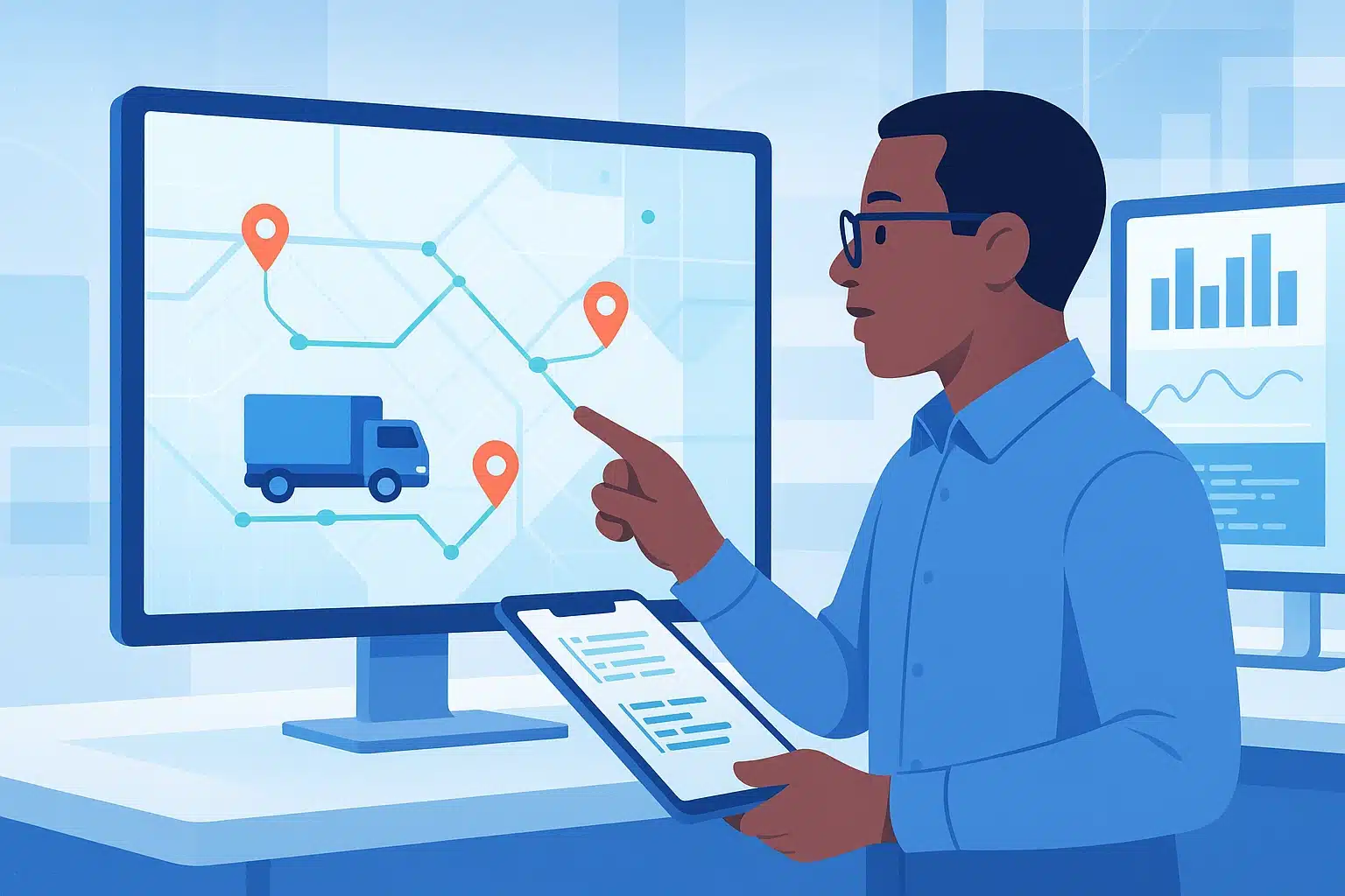 Personne analysant un système de gestion des transports (TMS) sur un écran, avec une carte et un camion.