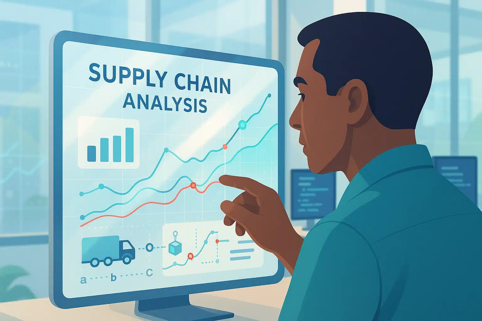 Personne analysant des données sur un écran montrant des tendances de la chaîne d'approvisionnement avec des graphiques et des icônes de transport.
