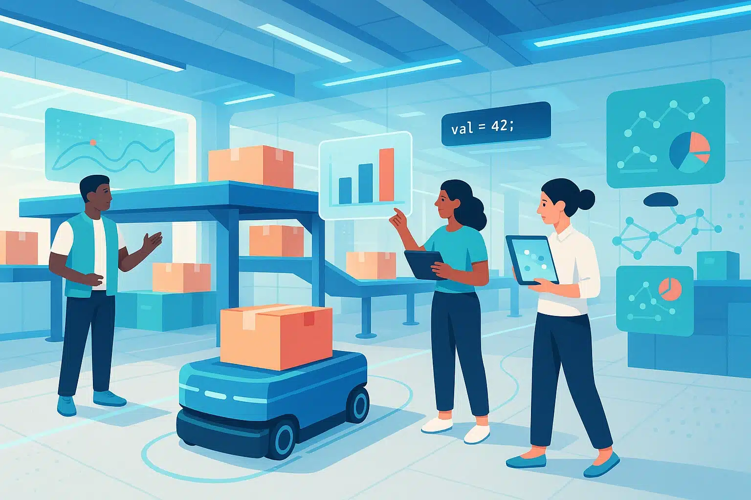 Équipe travaillant avec un TMS dans un entrepôt moderne, utilisant des outils numériques pour gérer la logistique.