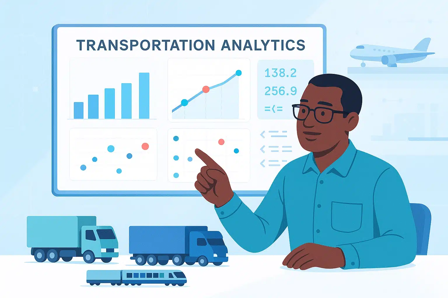 Personne présentant des graphiques d'analyse de transport avec des données et des modèles de véhicules.