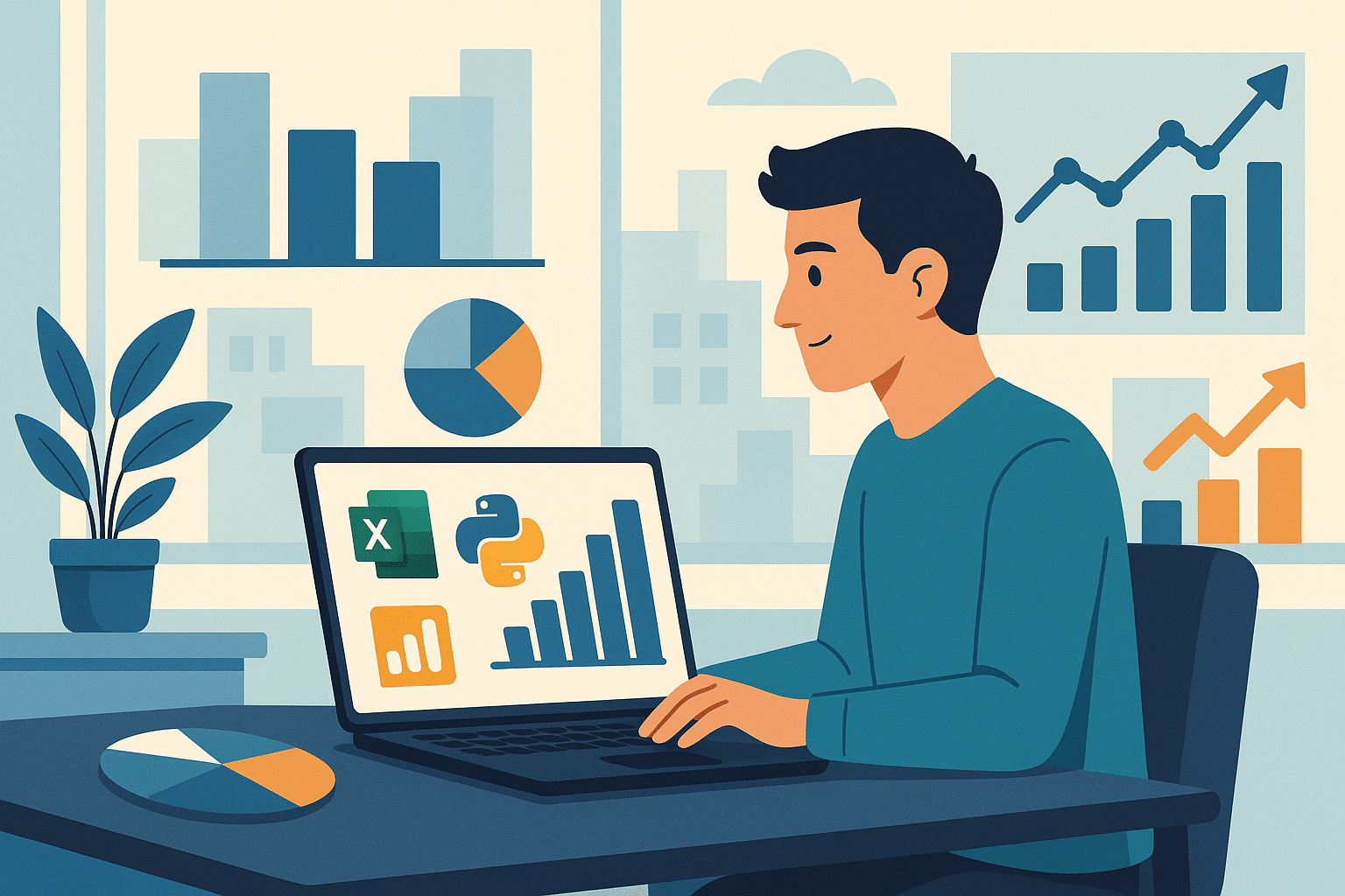 un formateur expliquant SQL et la visualisation de données à deux étudiants en formation data analyst en alternance, dans une salle lumineuse avec un écran projetant des graphiques et du code.