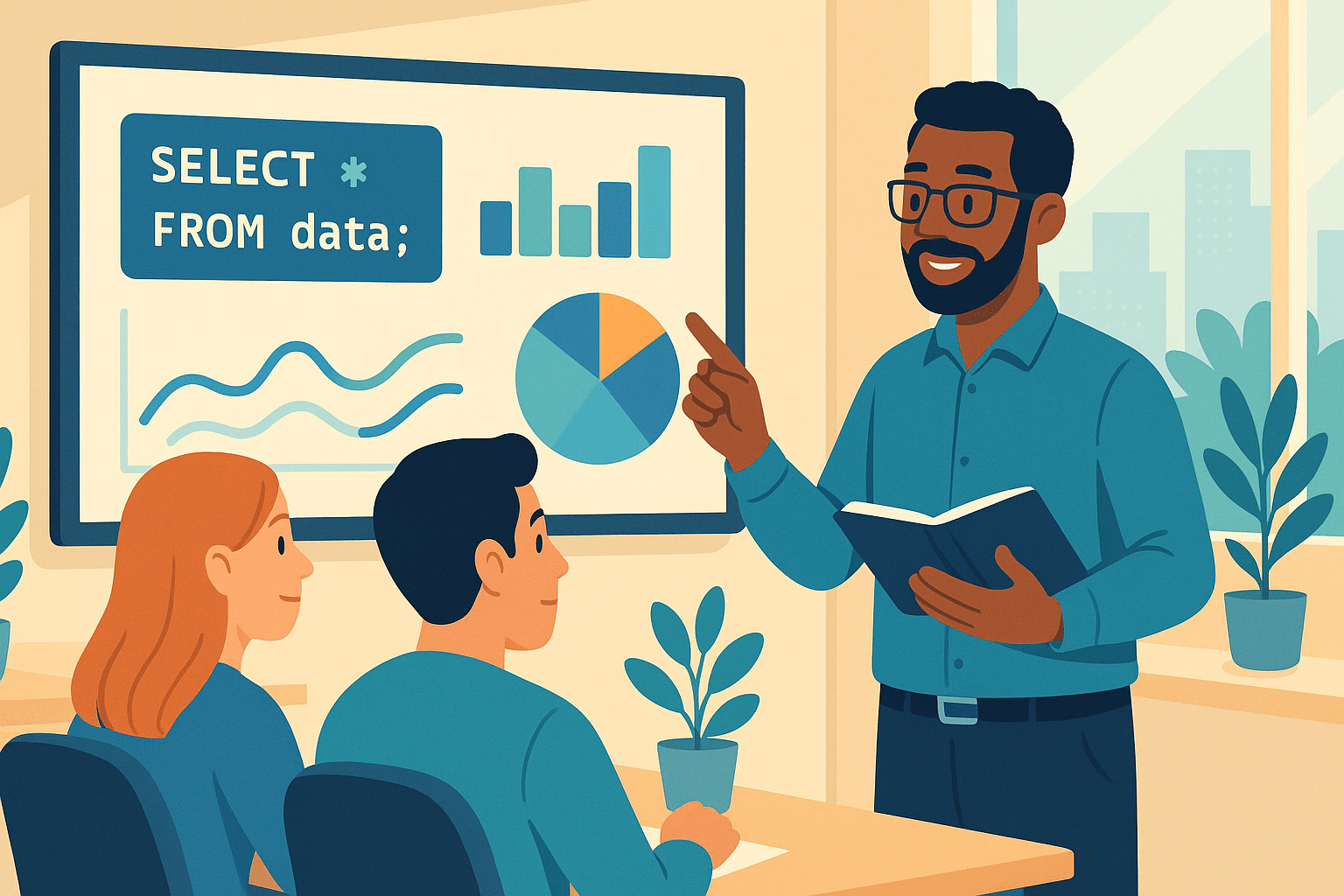 Un étudiant en formation data analyst en alternance présentant un rapport d’analyse de données à une équipe, avec graphiques et indicateurs affichés sur un grand écran en salle de réunion.