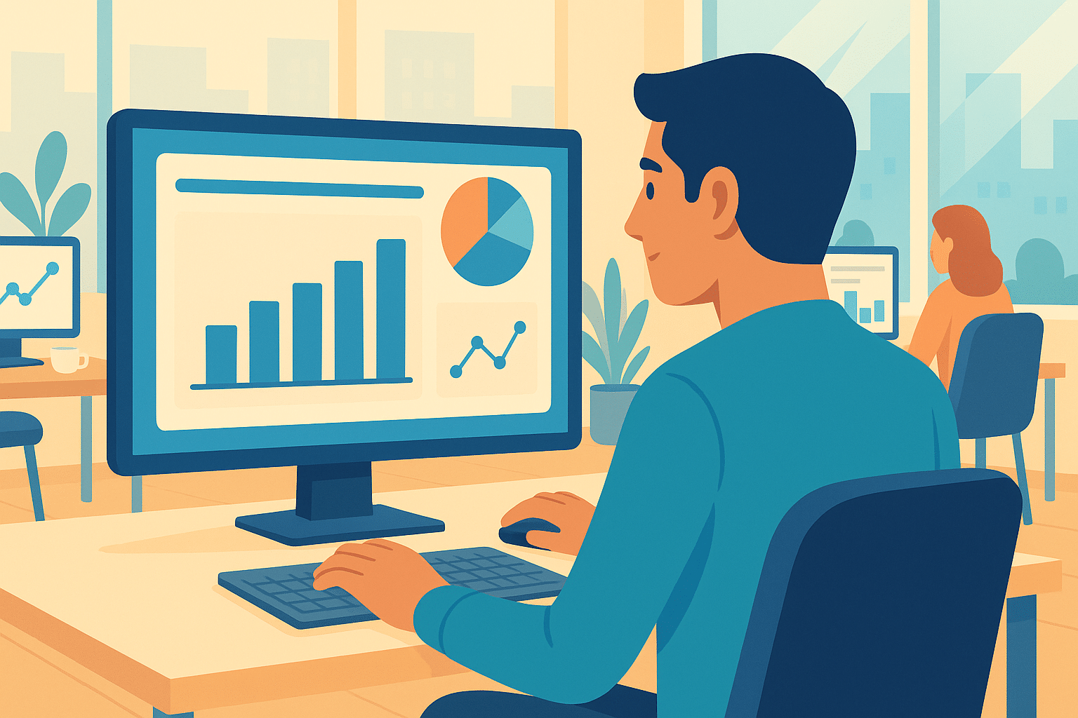 Un étudiant en formation data analyst en alternance travaillant sur un projet réel avec un dashboard Power BI affiché sur un grand écran, dans un bureau collaboratif lumineux.