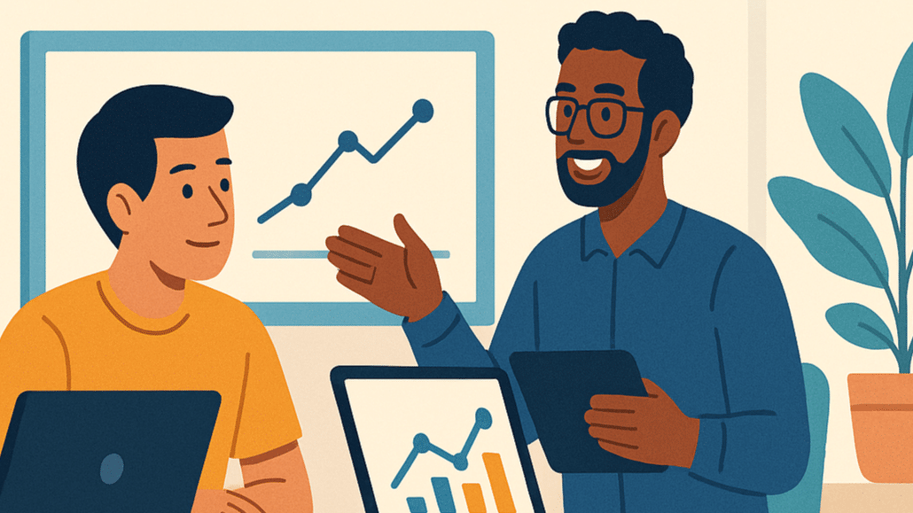 Un étudiant en formation data analyst en alternance travaillant sur un ordinateur avec Excel, Python et Power BI, entouré de graphiques et visualisations.