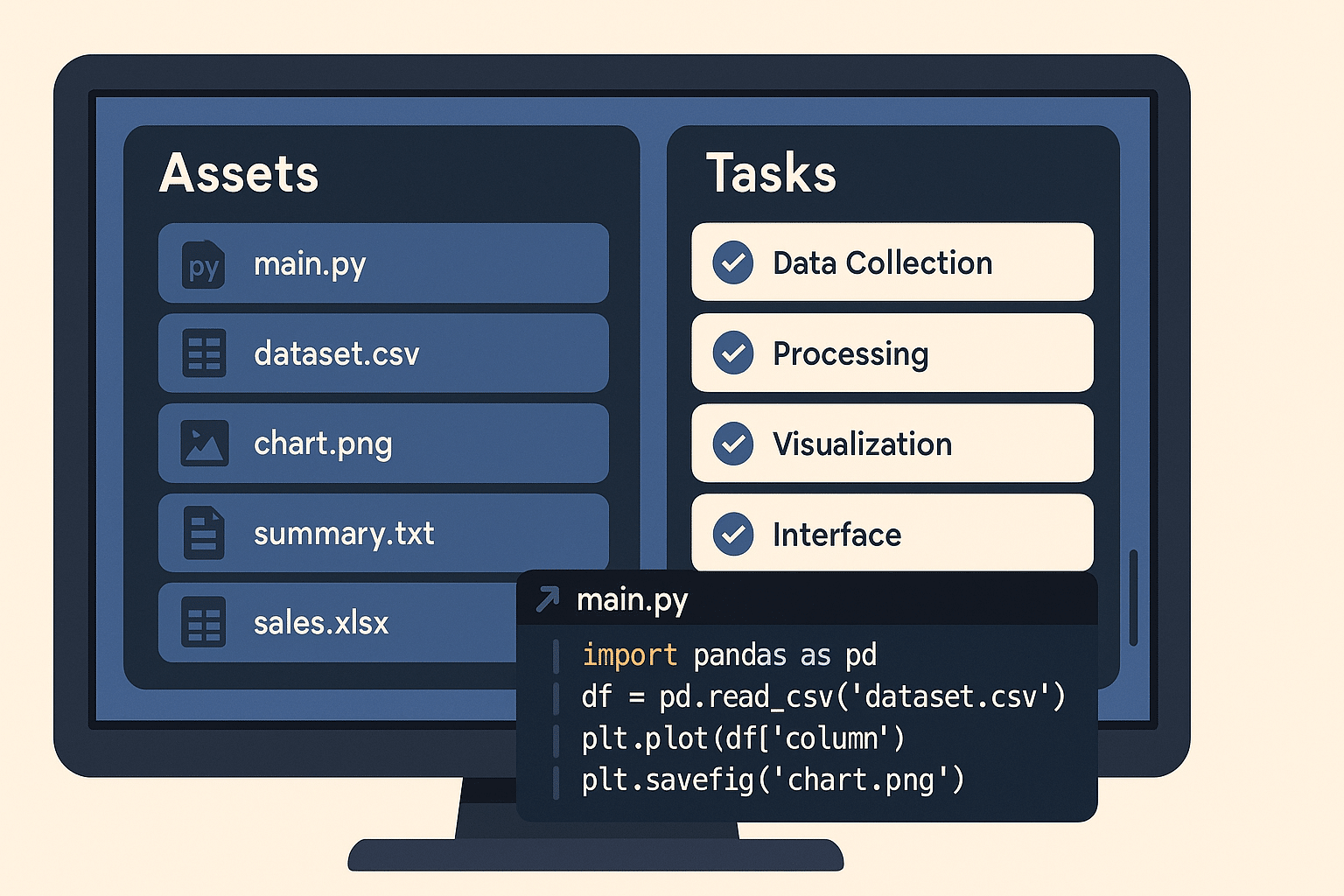 Perplexity Labs outil IA – interface affichant actifs générés et liste des tâches.