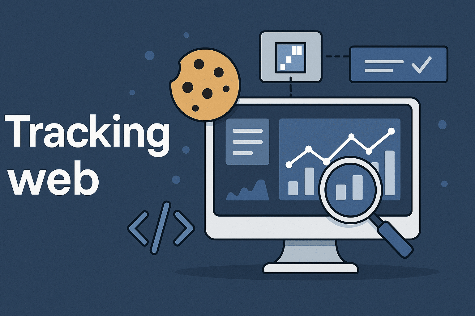 Un tableau de bord web clair avec graphiques, statistiques, et des flux de donnée pour le tracking web.