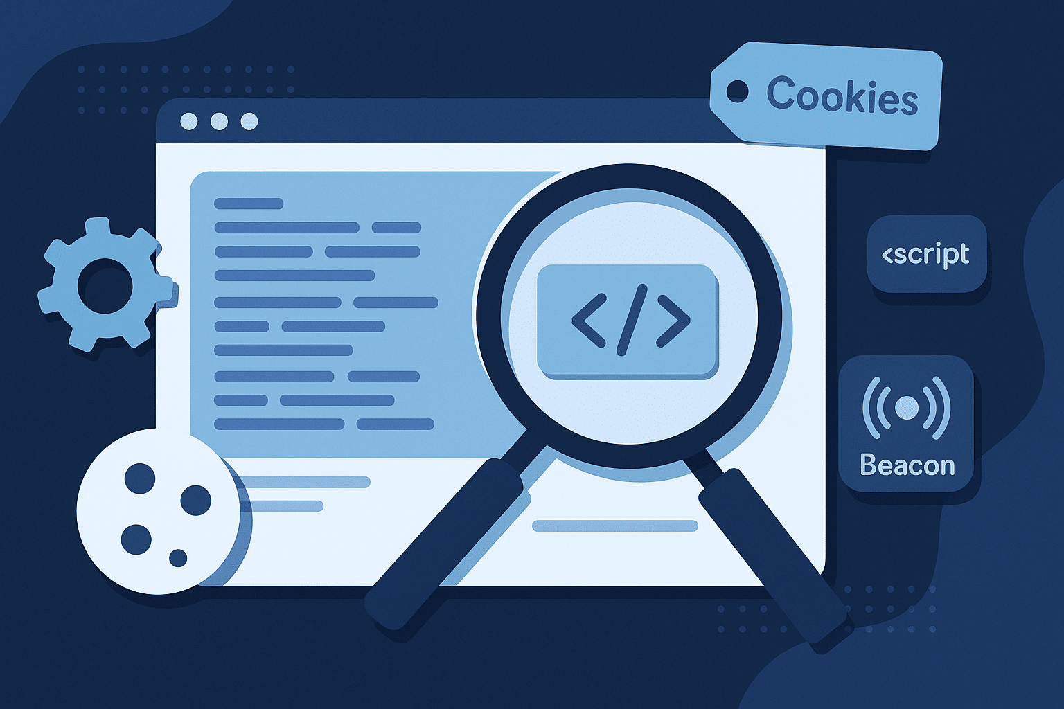 Vue stylisée avec scripts, cookies, et balises représentés comme des icônes flottantes autour d’un navigateur de tracking web.