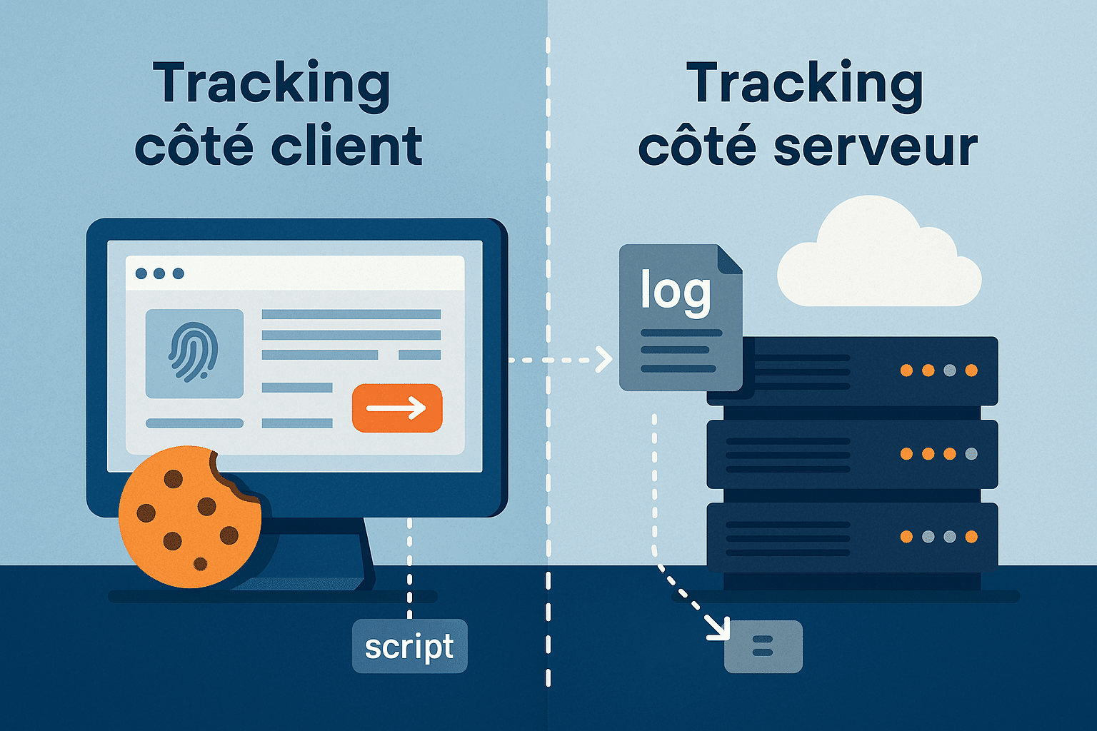 Illustration montrant comment s'opère le tracking côté client et serveur.