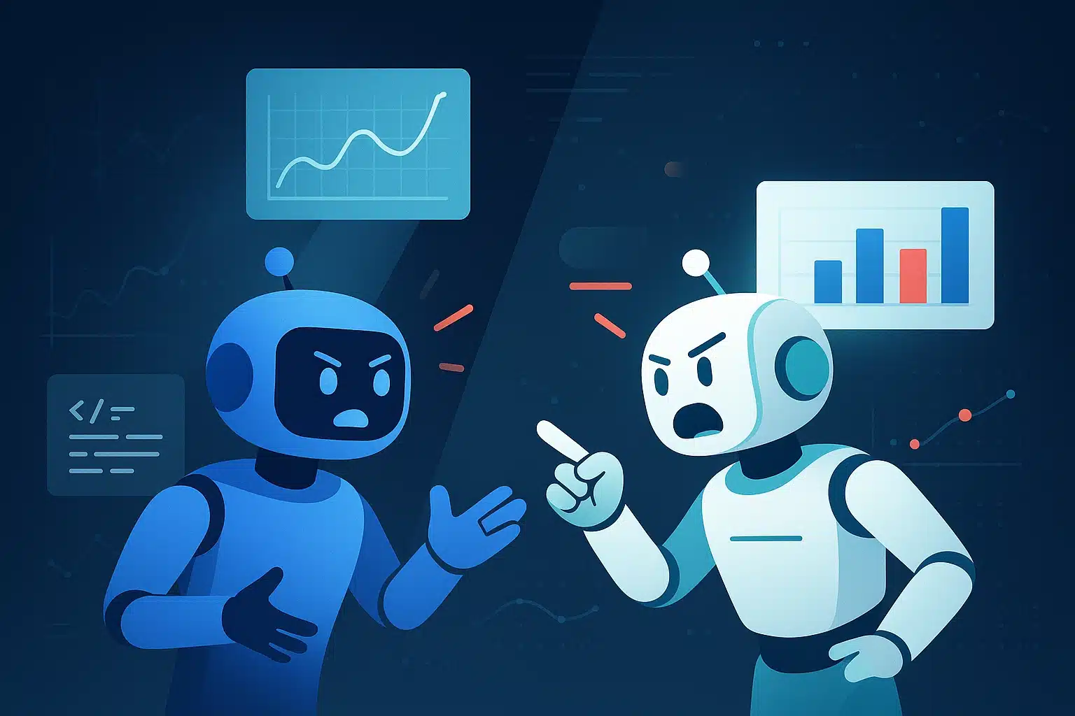 Deux robots argumentant, illustrant le concept du chat-chamber effect avec graphiques de données en arrière-plan.