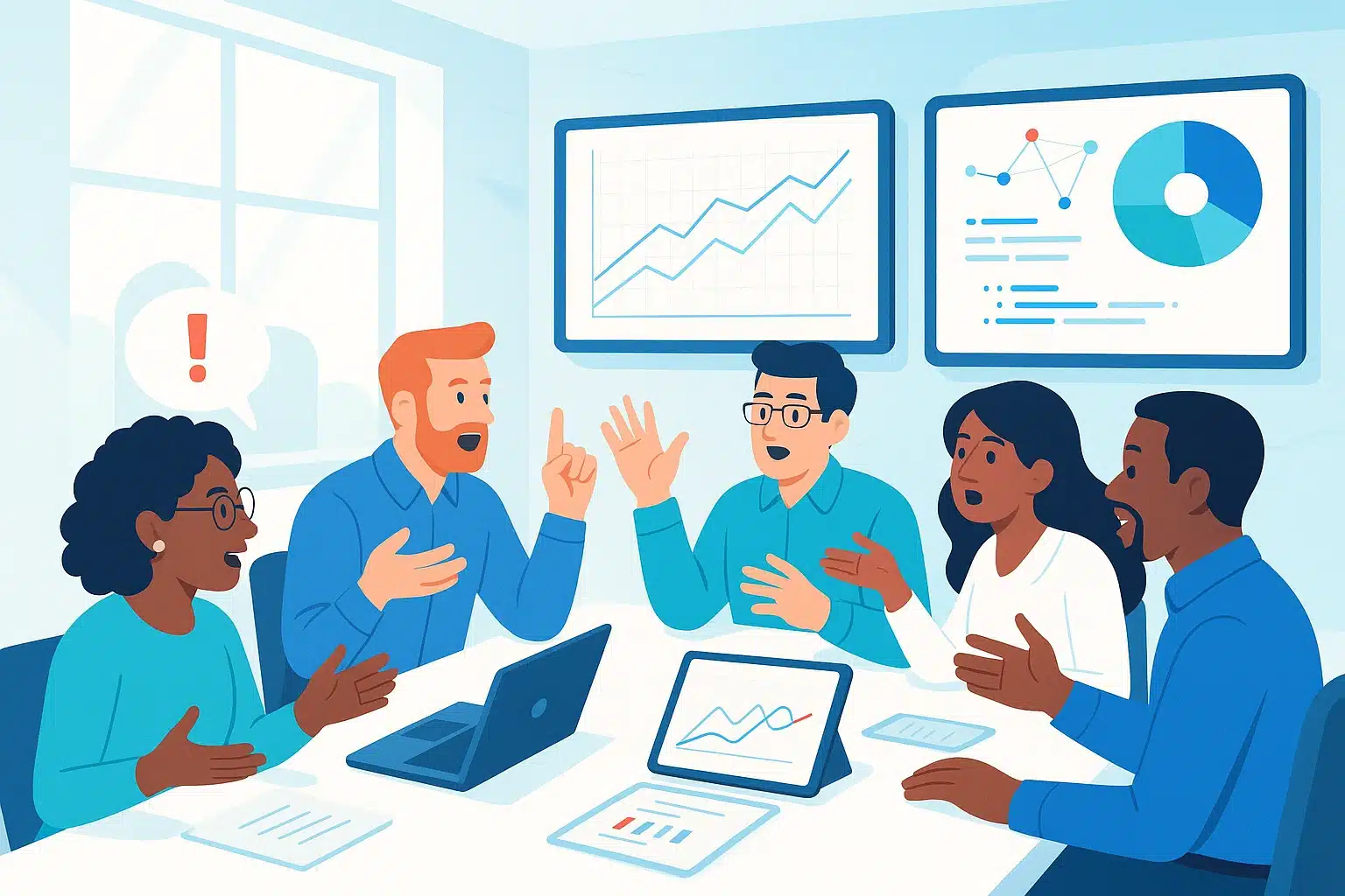 Groupe de personnes en réunion illustrant le chat-chamber effect, discutant autour d'ordinateurs et de graphiques, avec un tableau de tendances en arrière-plan.