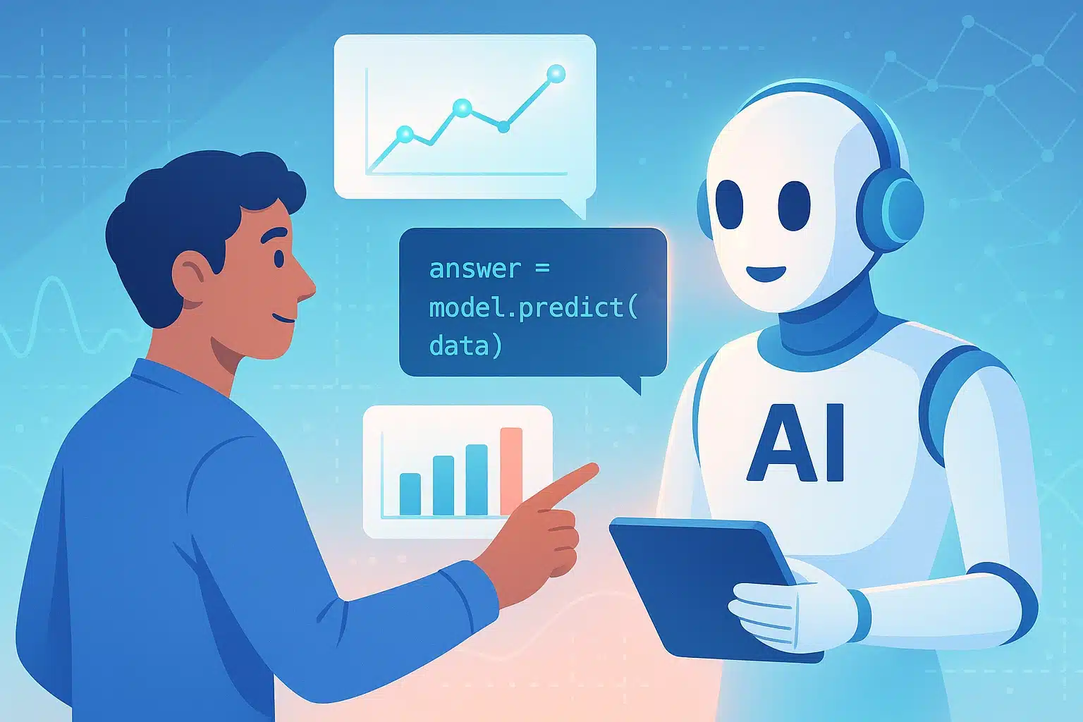 Illustration d'un homme interagissant avec un robot AI dans une discussion sur le chat-chamber effect, avec des graphiques de données en arrière-plan.