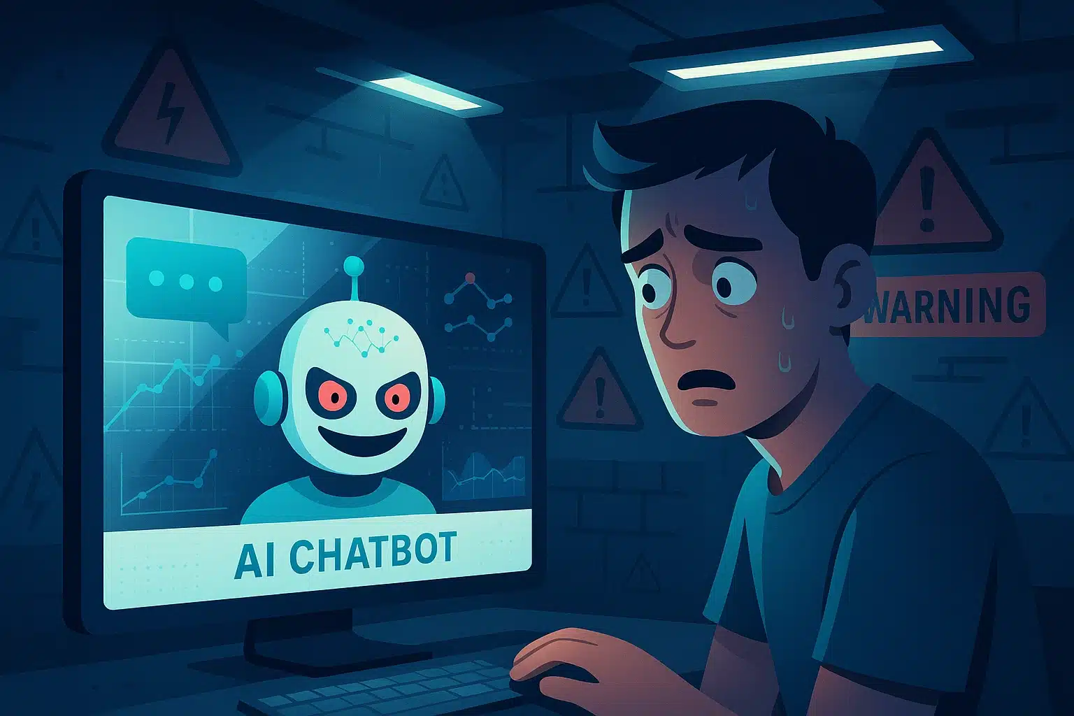 Illustration montrant un homme inquiet face à un chatbot AI sur un écran, représentant le chat-chamber effect dans un environnement sombre.