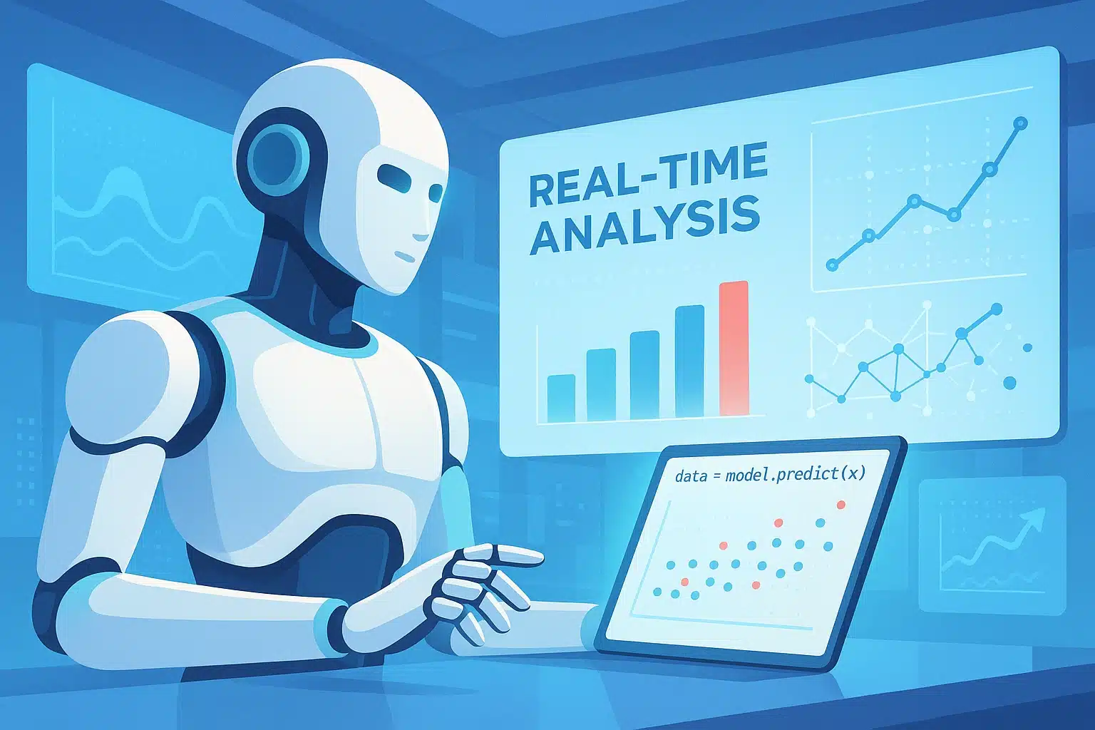 Un robot effectuant une analyse en temps réel de données avec des graphiques et des statistiques sur un écran.