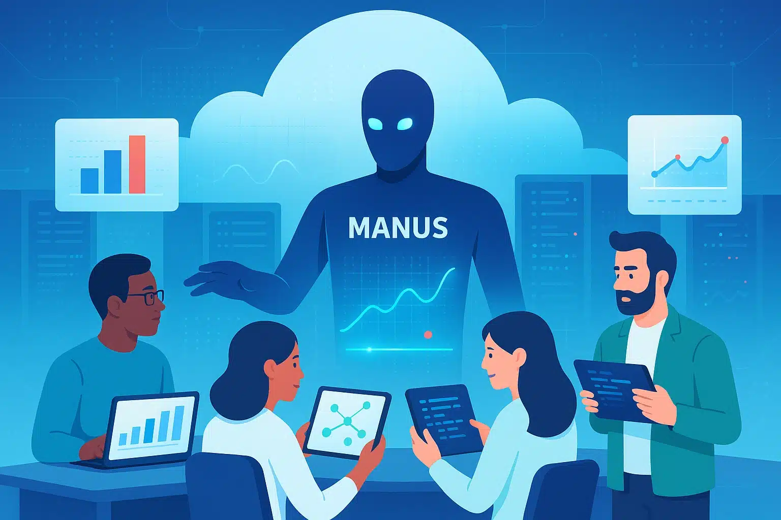 Illustration de personnes utilisant la technologie autour d'une figure robotique représentant Manus, avec des graphiques et des données affichées