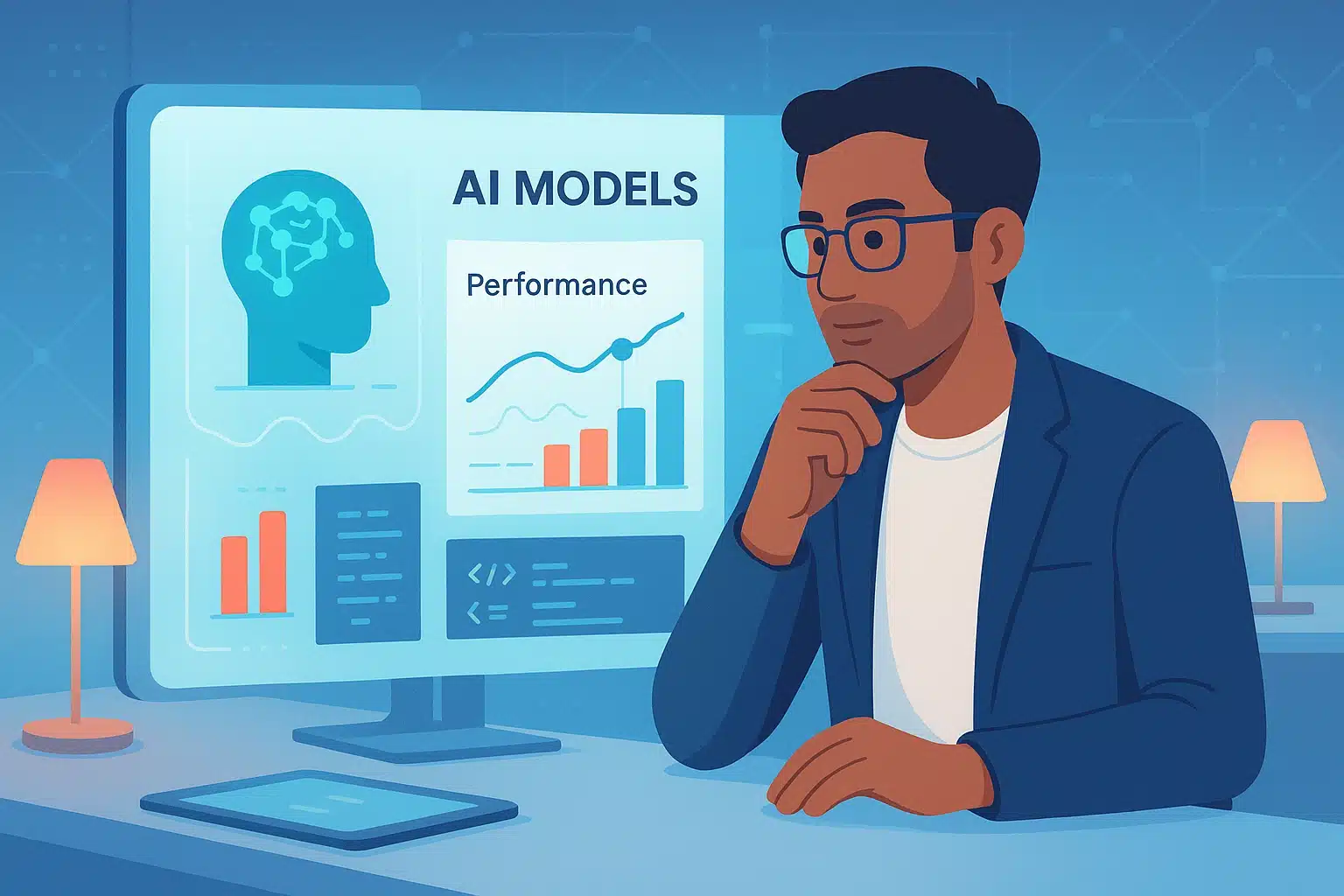 Professionnel réfléchissant à l'analyse des modèles d'IA avec des graphiques de performance affichés sur l'écran.