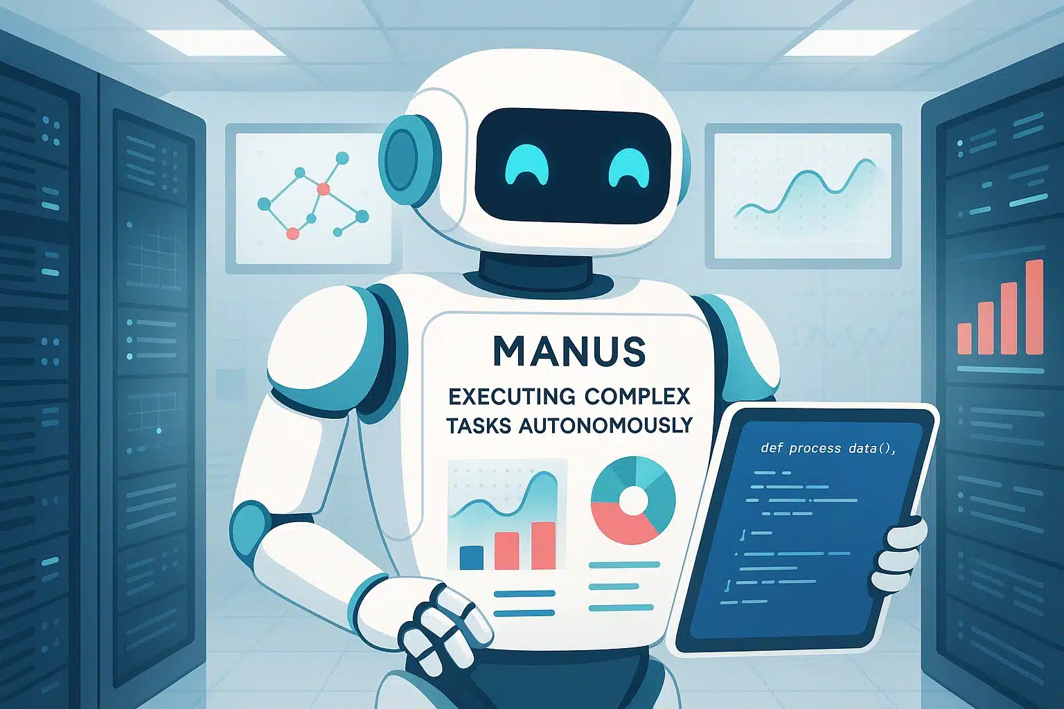 Un robot analysant des données sur une tablette avec des graphiques dans un environnement technologique.