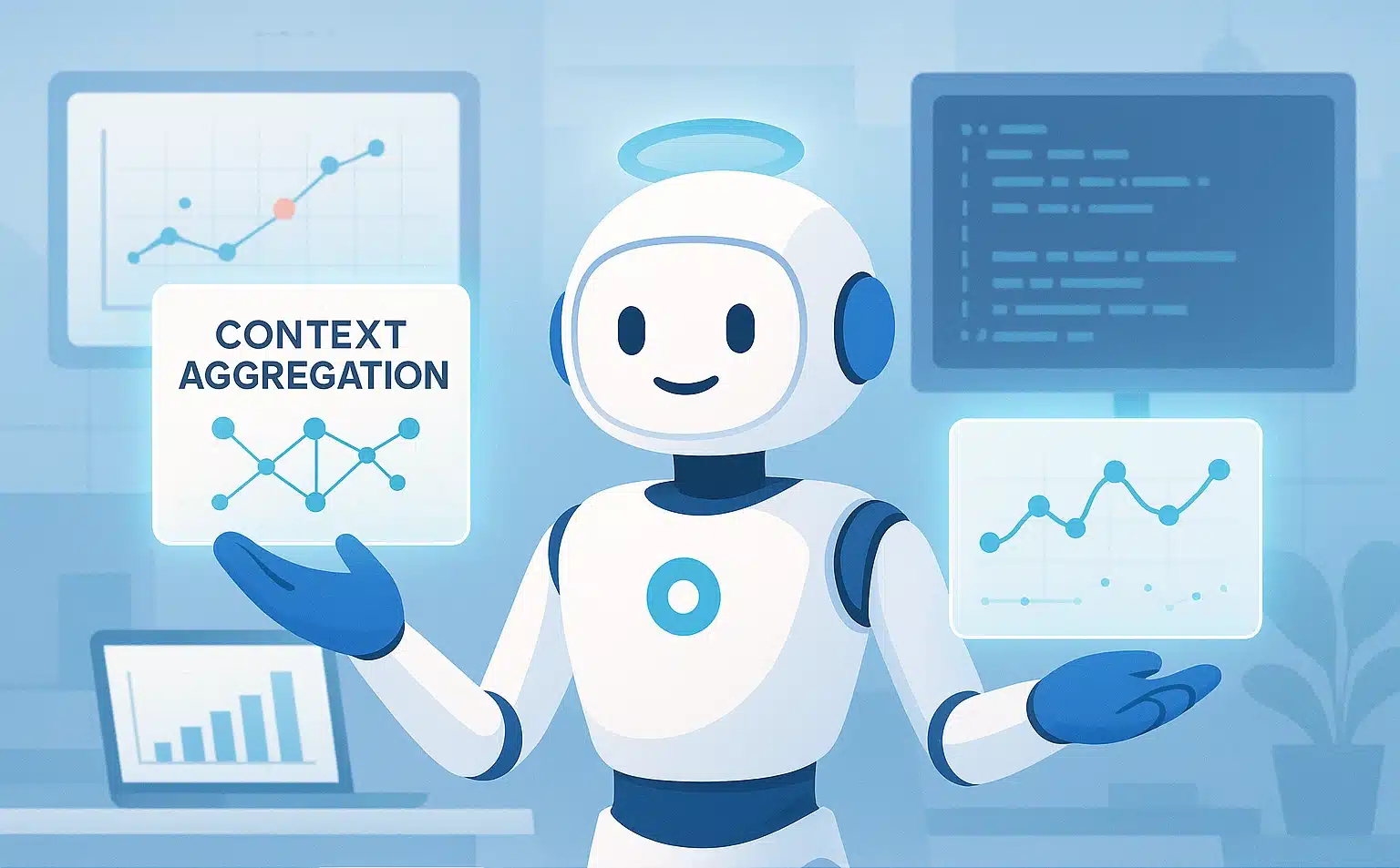 Robotic character demonstrating context aggregation concepts with graphs and data analytics for the Model Context Protocol (MCP).