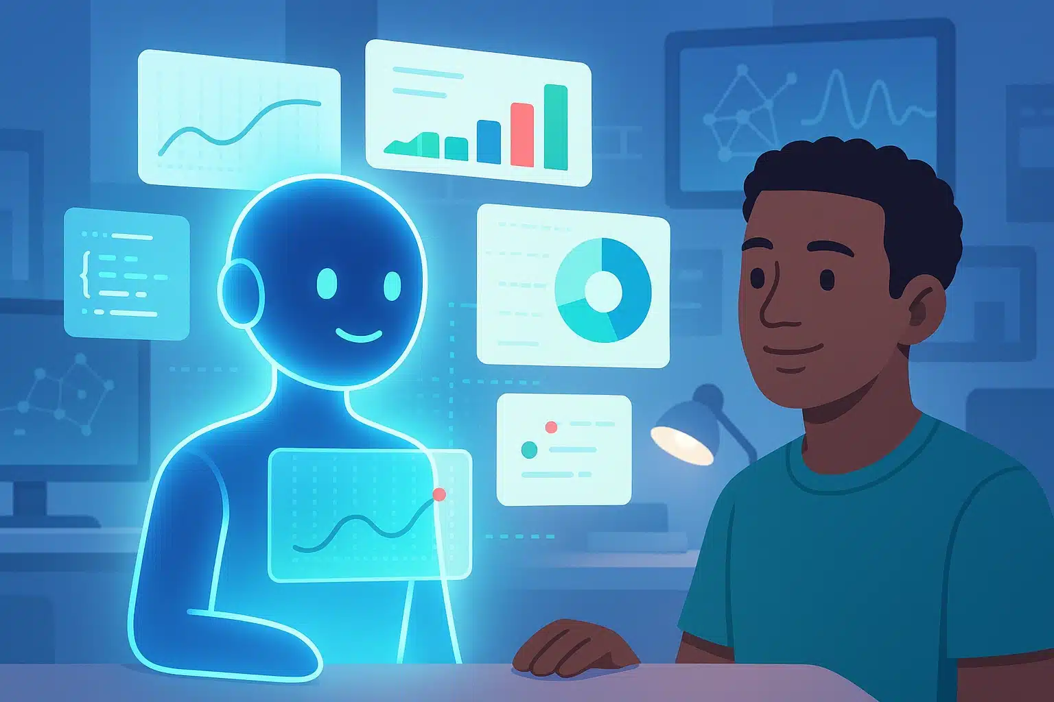 Un hologramme représentant un modèle interagissant avec une personne, affichant des graphiques et des données sur un écran. La scène illustre l'application du Model Context Protocol (MCP) dans l'analyse de données.