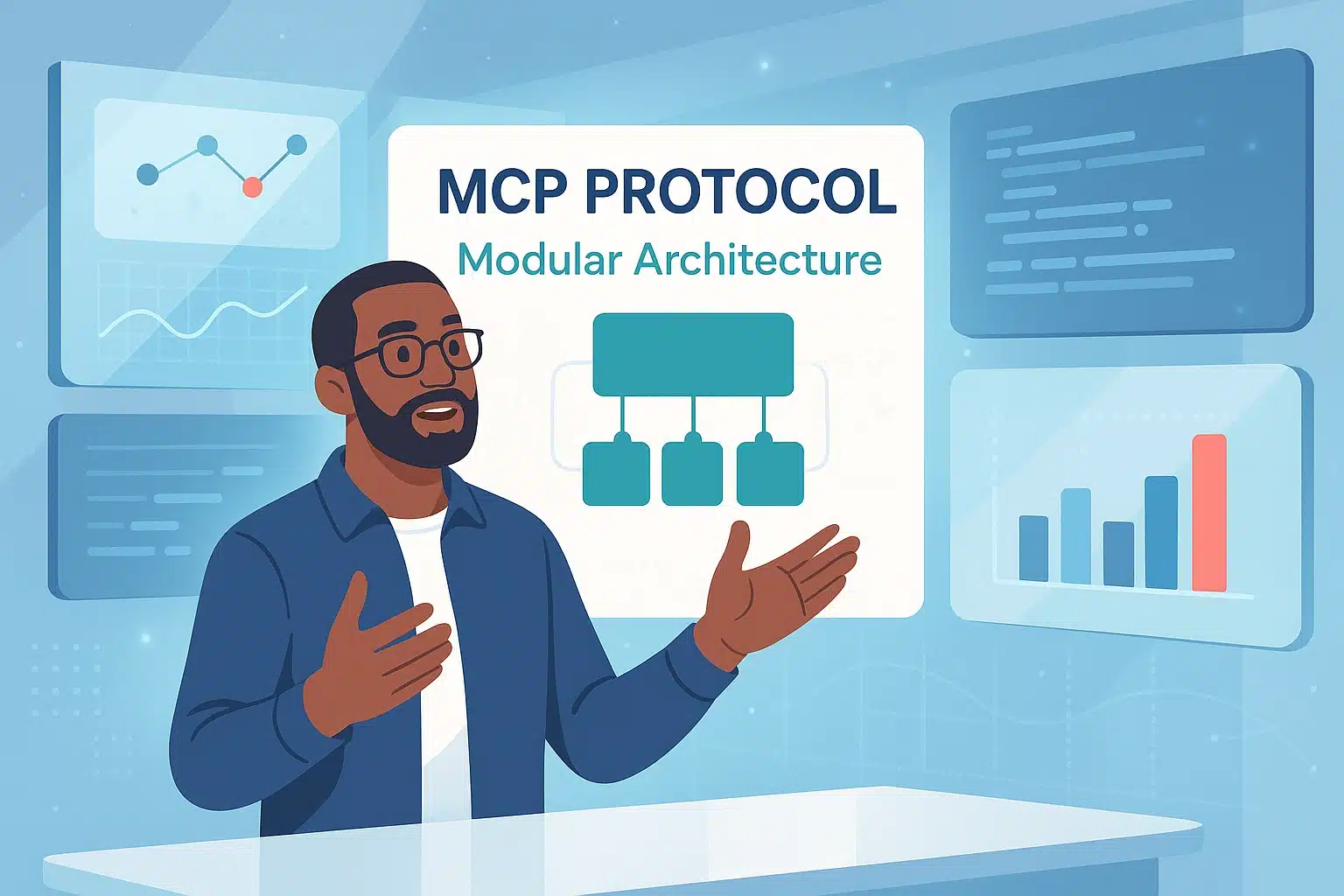 Présentation du protocole MCP illustrant une architecture modulaire avec des graphiques de données en arrière-plan.