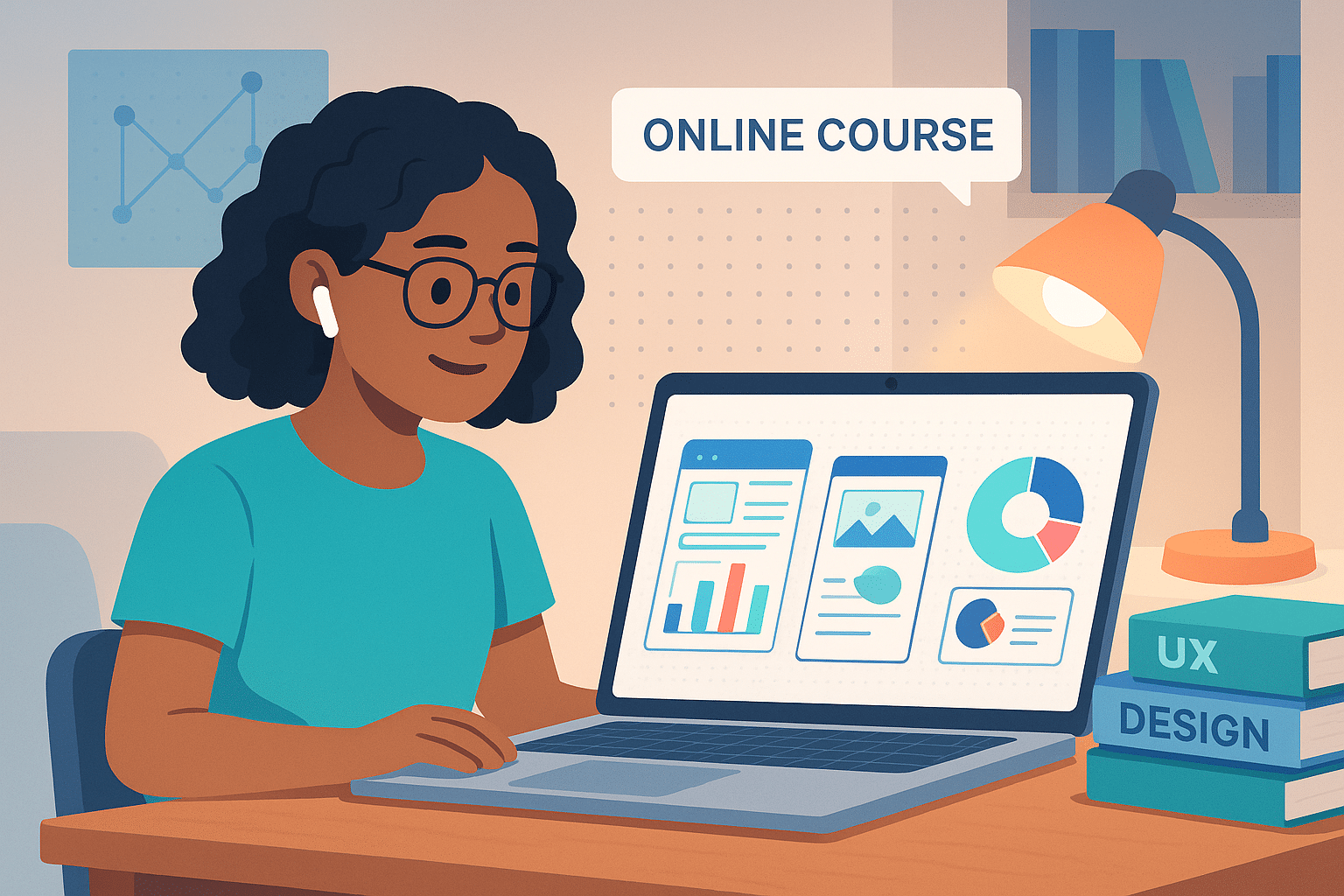 Une personne suivant un cours en ligne sur la certification UX avec un laptop affichant des graphiques et des statistiques.