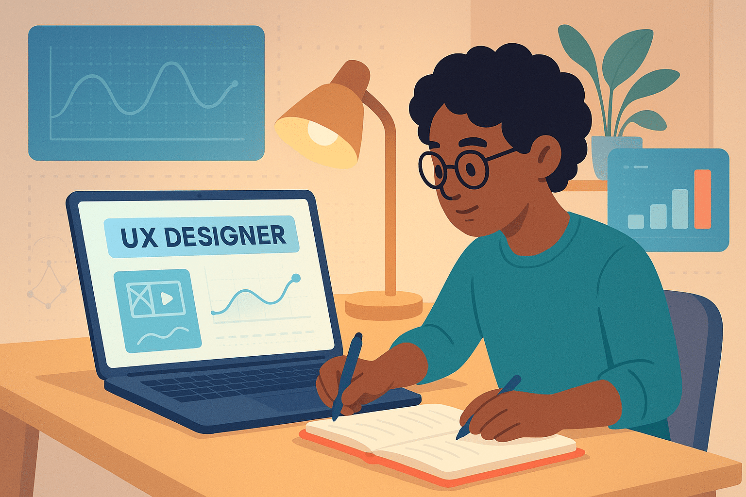 Un designer UX étudiant avec un ordinateur portable, prenant des notes sur une certification UX. L'écran montre des graphiques et des maquettes.