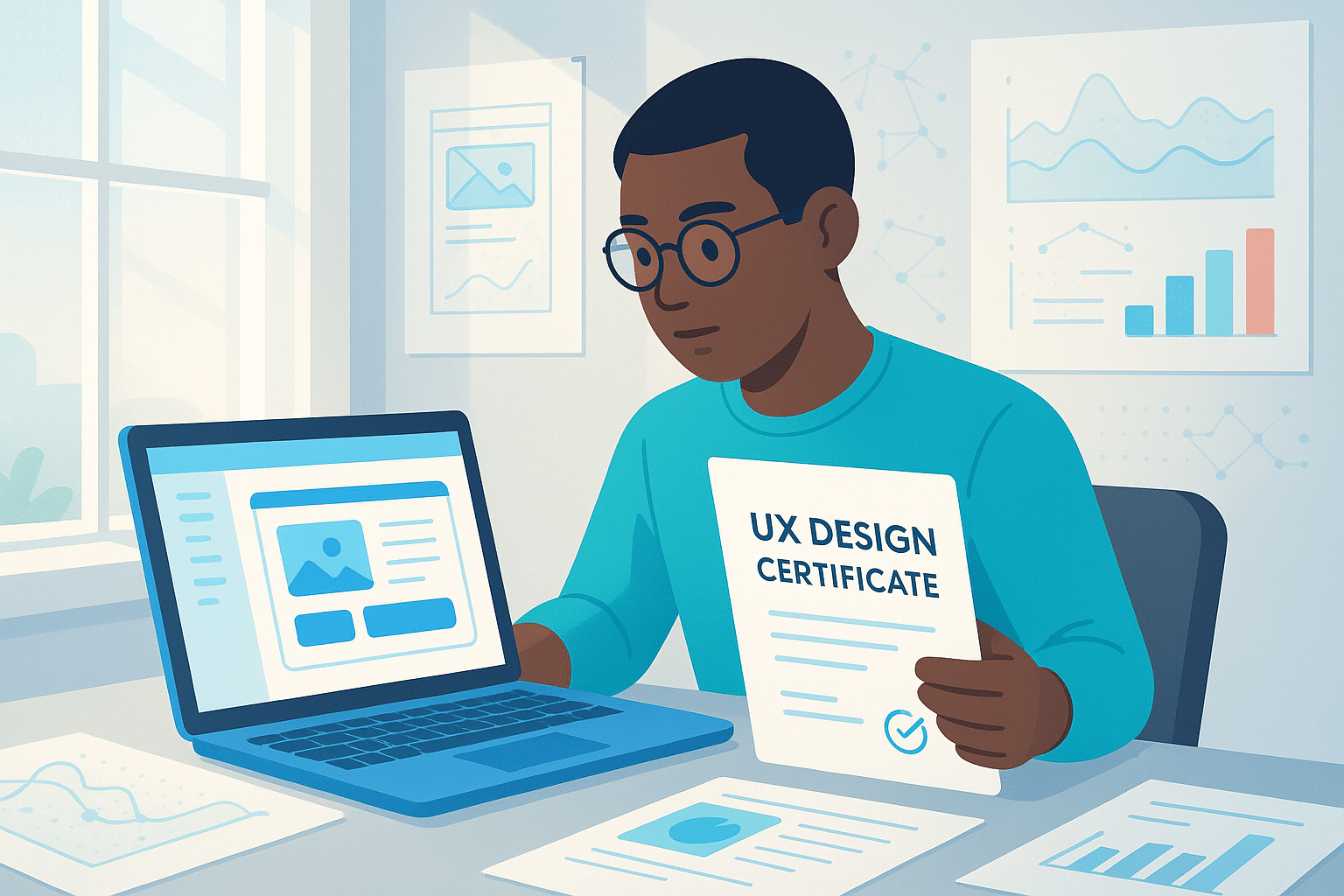 Personne examinant un certificat de design UX devant un ordinateur portable avec des graphiques et des données, symbolisant la réussite en UX design.