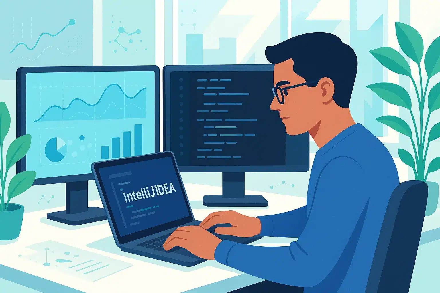 Session de formation sur IntelliJ IDEA, avec un formateur présentant des graphiques et des informations de programmation à un groupe d'apprenants, tous utilisant des tablettes.