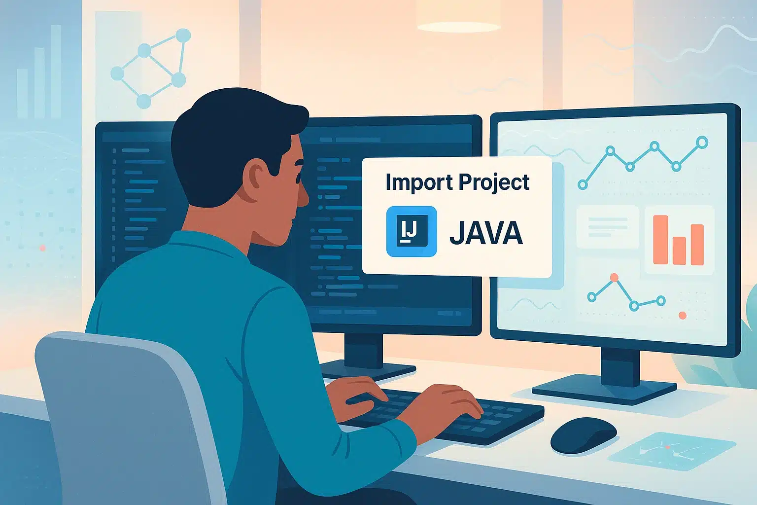 Développeur utilisant IntelliJ IDEA pour importer un projet Java sur plusieurs écrans, illustrant une formation sur l'environnement de développement.
