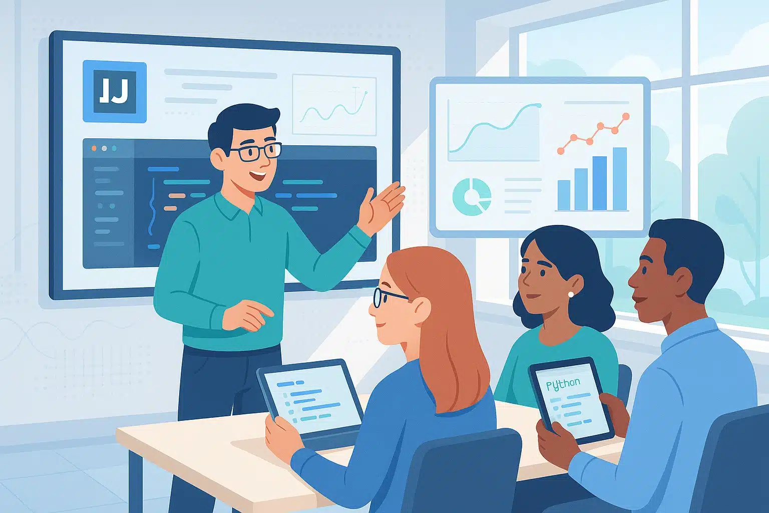 Session de formation sur IntelliJ IDEA, avec un formateur présentant des graphiques et des informations de programmation à un groupe d'apprenants, tous utilisant des tablettes.